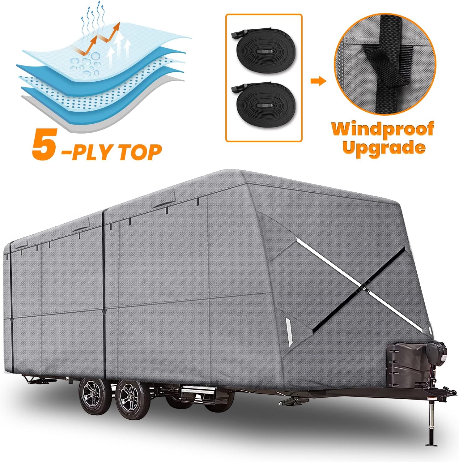 XGear Windproof Upgraded 35' - 38' RV Cover Travel Trailer Cover, Extra-Thick 5 Layers Anti-UV Top, Rip-Stop with 2PCS Extra Straps
