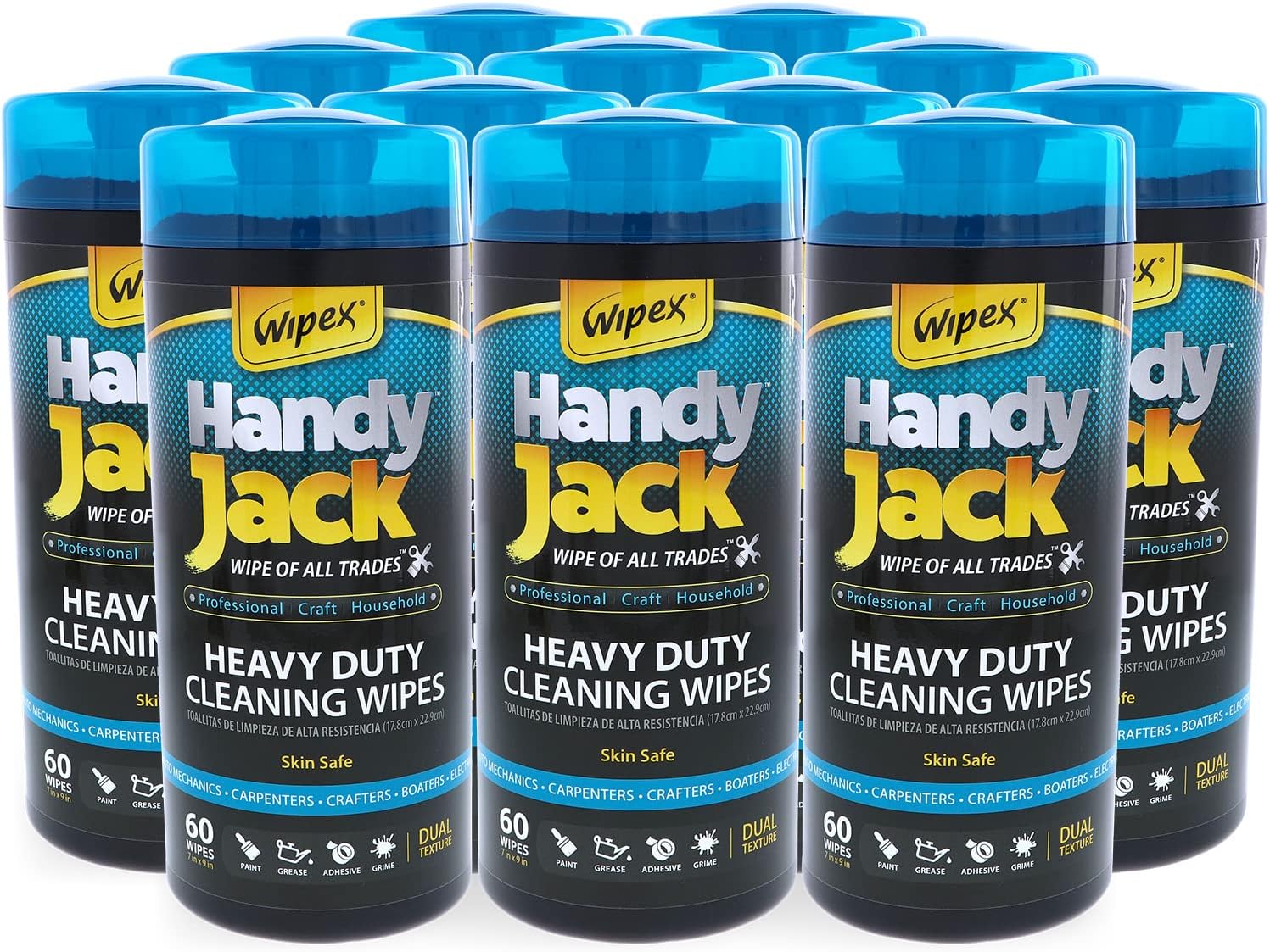 Wipex Handy Jack Heavy Duty Wipes, Dual Texture Cleaning Cloth – Used for Hands, Equipment, Tools, Garden, Automotive, Easily Removes Paint, Oil, Grease, & Dirt, 60ct Canister, (12 Pk Case, 720 Wipes)