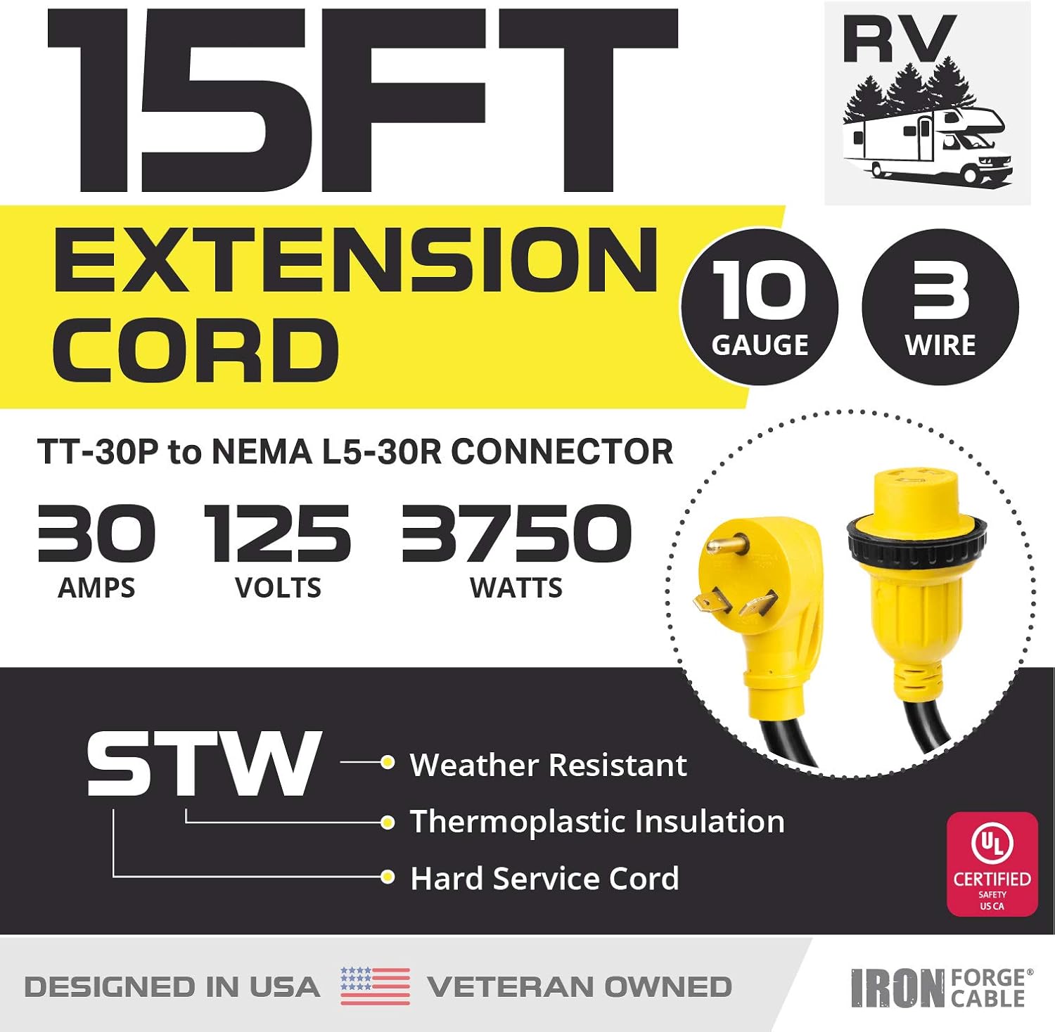 Iron Forge Cable 30 Amp RV Extension Cord 15 Ft - 10/3 STW TT-30P to NEMA L5-30R 125v RV Power Cord Pack of 2
