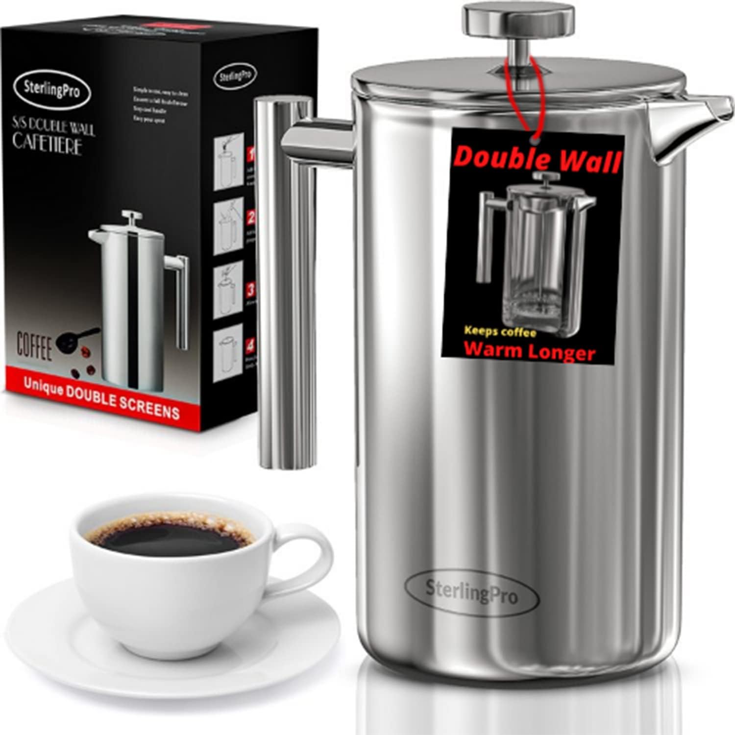 SterlingPro French Press Coffee Maker(1.75L)-Double Walled Large Coffee Press with 2 Free Filters-Enjoy Granule-Free Coffee Guaranteed, Stylish Rust Free Kitchen Accessory-Stainless Steel French Press Pack of 2