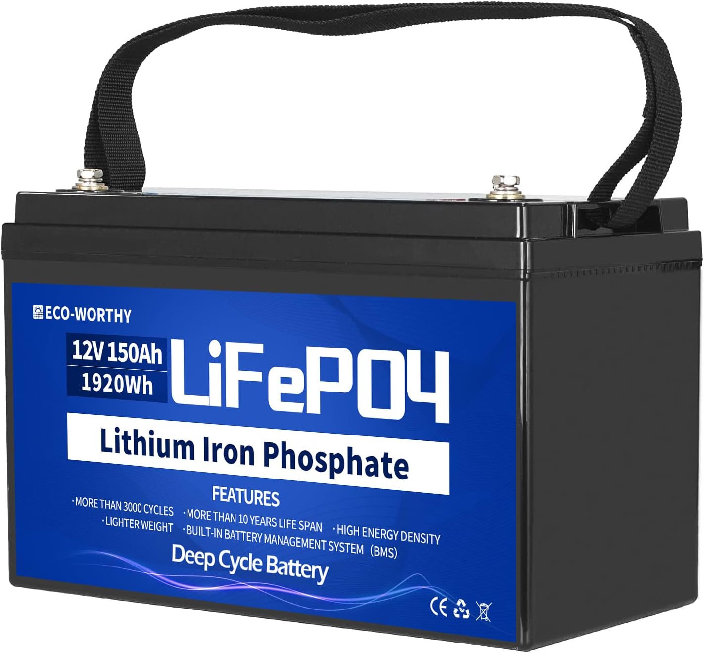 ECO-WORTHY 12V Lithium Battery, 150Ah Rechargeable LiFePO4 Lithium Ion Phosphate Deep Cycle Battery with BMS Protection, Perfect for RV, Marine, Motorhome, Solar, Household battery