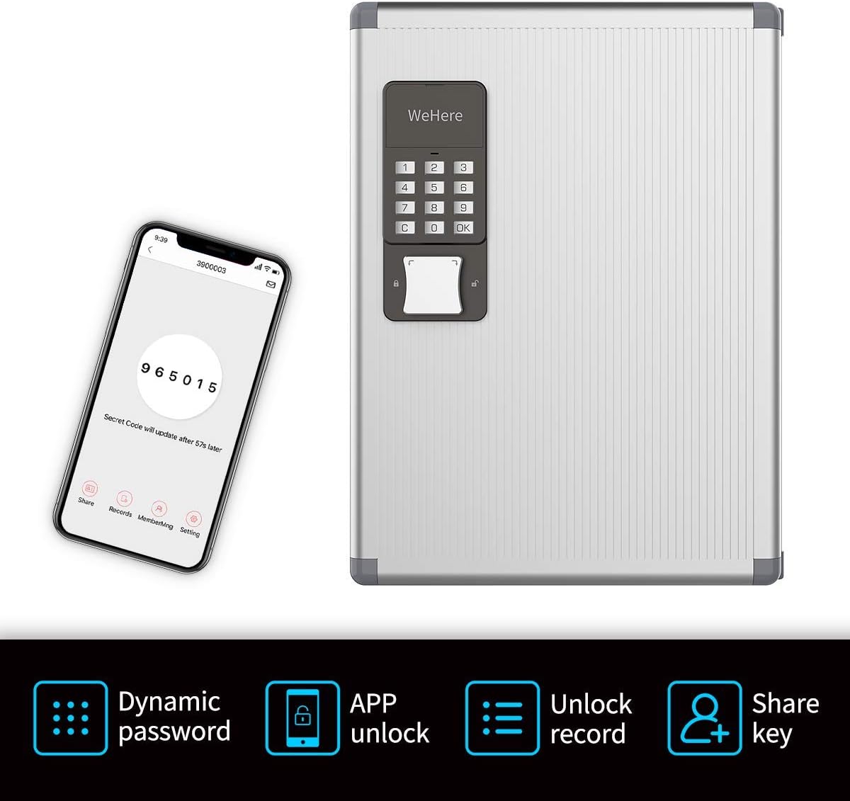 WeHere Key Box with Banking OTP(One-Time Password) Technology(32Keys),Key Box Wall Mount with Code keypad,Key Lock Box Organizer,Multiple Unlock Ways,App Remote/Password/Bluetooth Unlock Pack of 2
