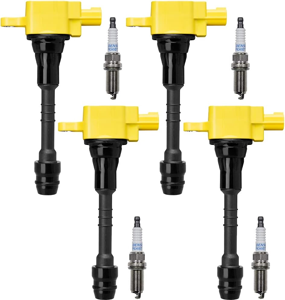 HIKARU PARTS 4pcs Yellow Ignition Coil & Spark Plug Compatible with Nissan Sentra GXE 1.8L L4 2002 2003 2004 2005 2006