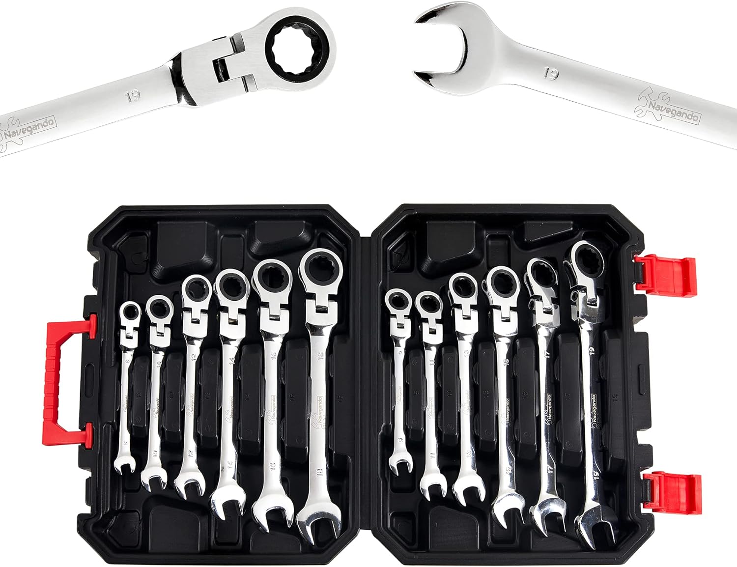 Flex-Head Ratcheting Wrench Set, Navegando 12PCS Metric Combination Spanner Kit 8-19mm Carbon Steel 180 Degree Rotatable Ratchet Wrenches with Organizer Box Pack of 2