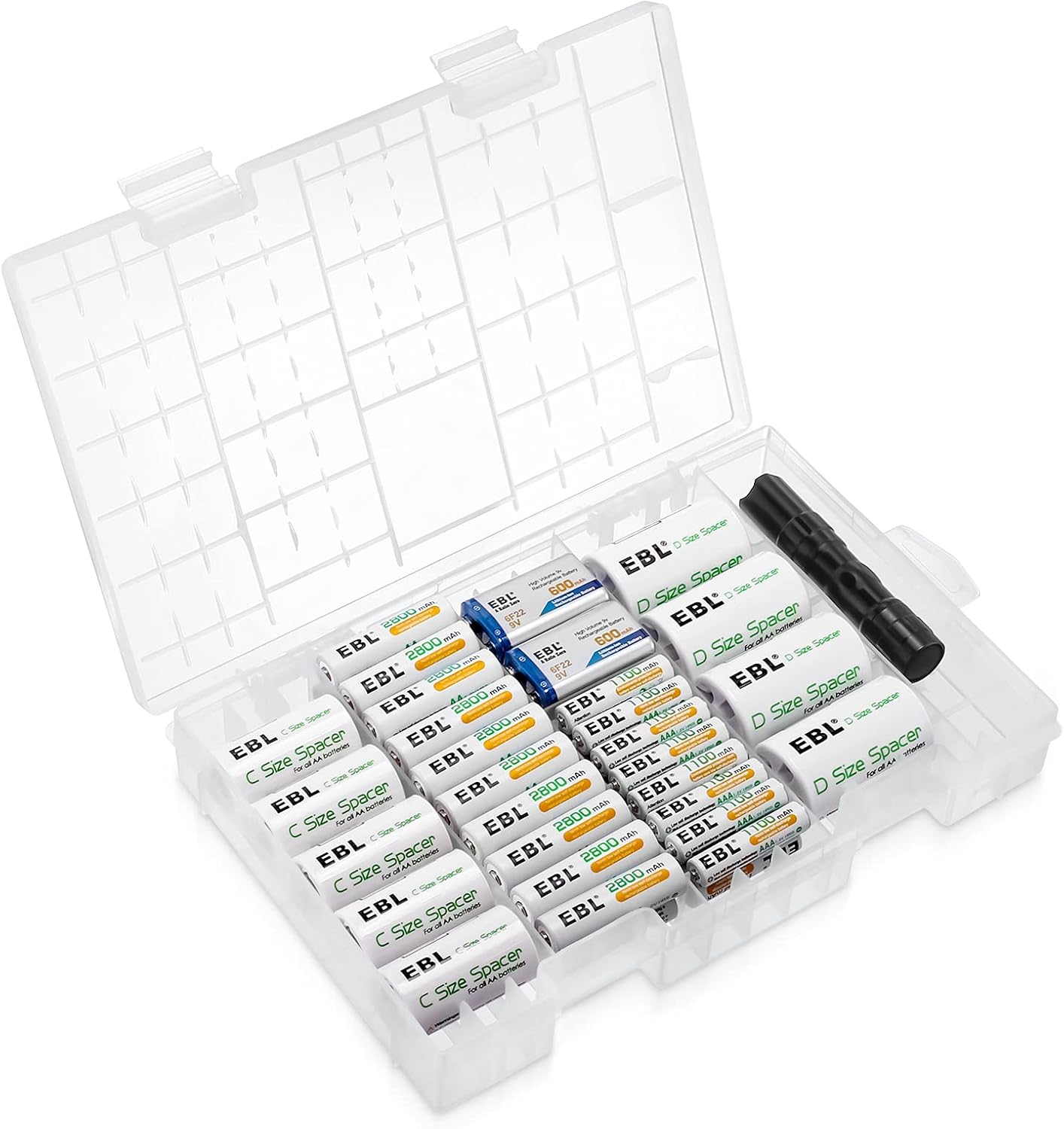 EBL Rechargeable Batteries Combo Box Include: 20 PCS 2800mAh AA Size, 16 PCS 1100mAh AAA Size, 5 PCS C Size Battery Adapters, 4 PCS D Size Battery Adapters, 2 PCS 9V Battery, and a Small Flashlight Pack of 2