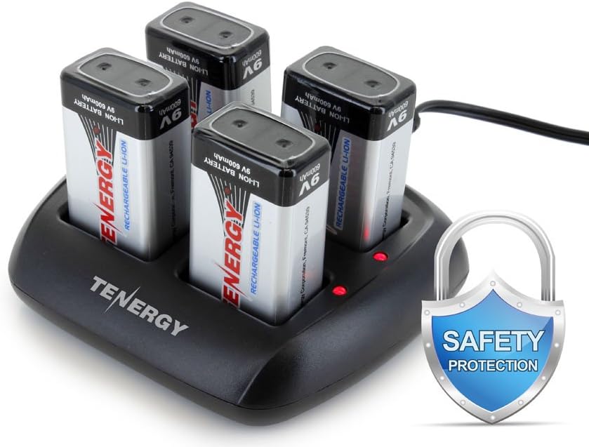 Combo: Tenergy TN294 4-Bay 9V Li-ion Battery Charger + 8pcs 9V 600mAh Li-ion Rechargeable Battery Pack of 2