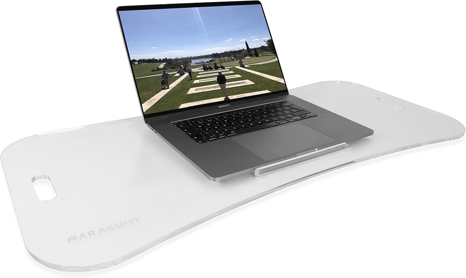 Marabuut Clear Acrylic Treadmill Laptop Tray - 2 Straps to Secure Tray to Treadmill - Holder for Your Tablet, Book, Laptop, or Phone - Bumper to Avoid Slippage - Complete with a Gym Towel Bullet Pack of 2