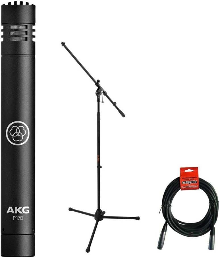 AKG P170 Small-Diaphragm Condenser Microphone (Black) plus Tripod Mic Stand with Fixed Boom & 20' XLR Cable Kit