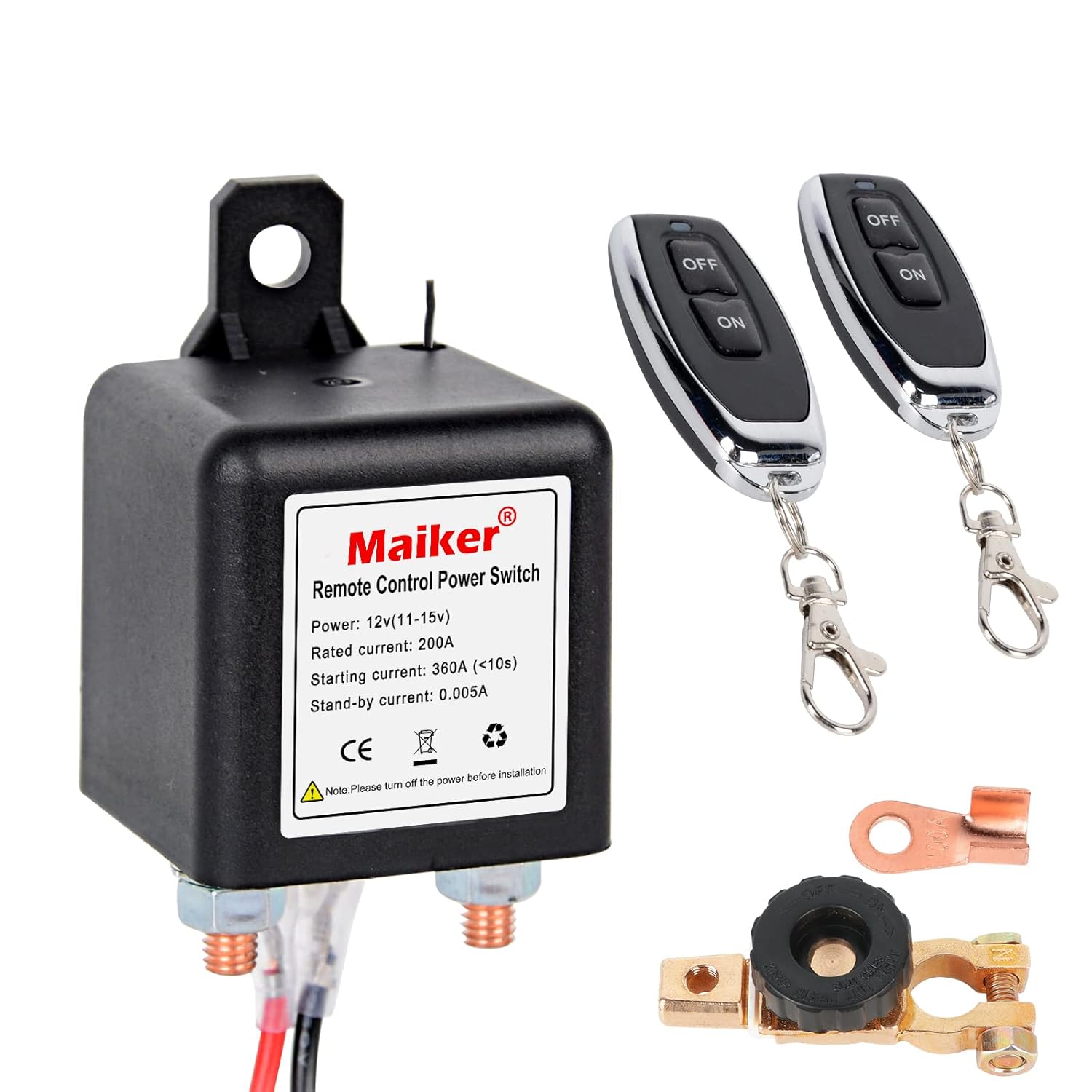 MAIKER Wireless Remote Control Battery Disconnect Switch Kill Switch for Car with 2 Keys Upgraded DC12V 200A Anti-Theft Prevent Battery Drain Electromagnetic Solenoid Valve Terminal Pack of 2