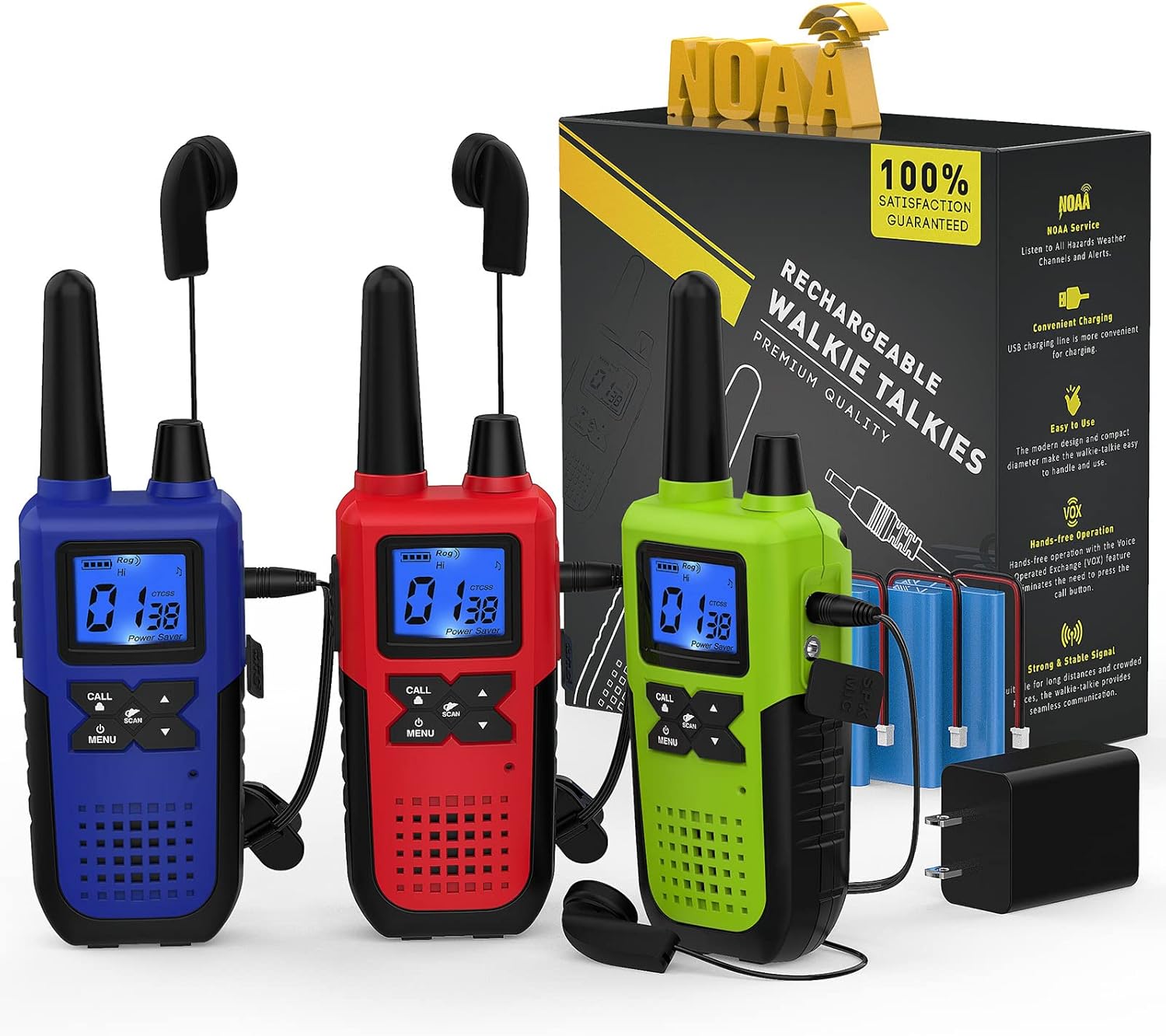 4 Long Range Walkie Talkies Rechargeable for Adults - NOAA 2 Way Radios Walkie Talkies 4 Pack - Long Distance Walkie-Talkies with Earpiece and Mic Set Headsets USB Charger Battery Weather Alert Pack of 2