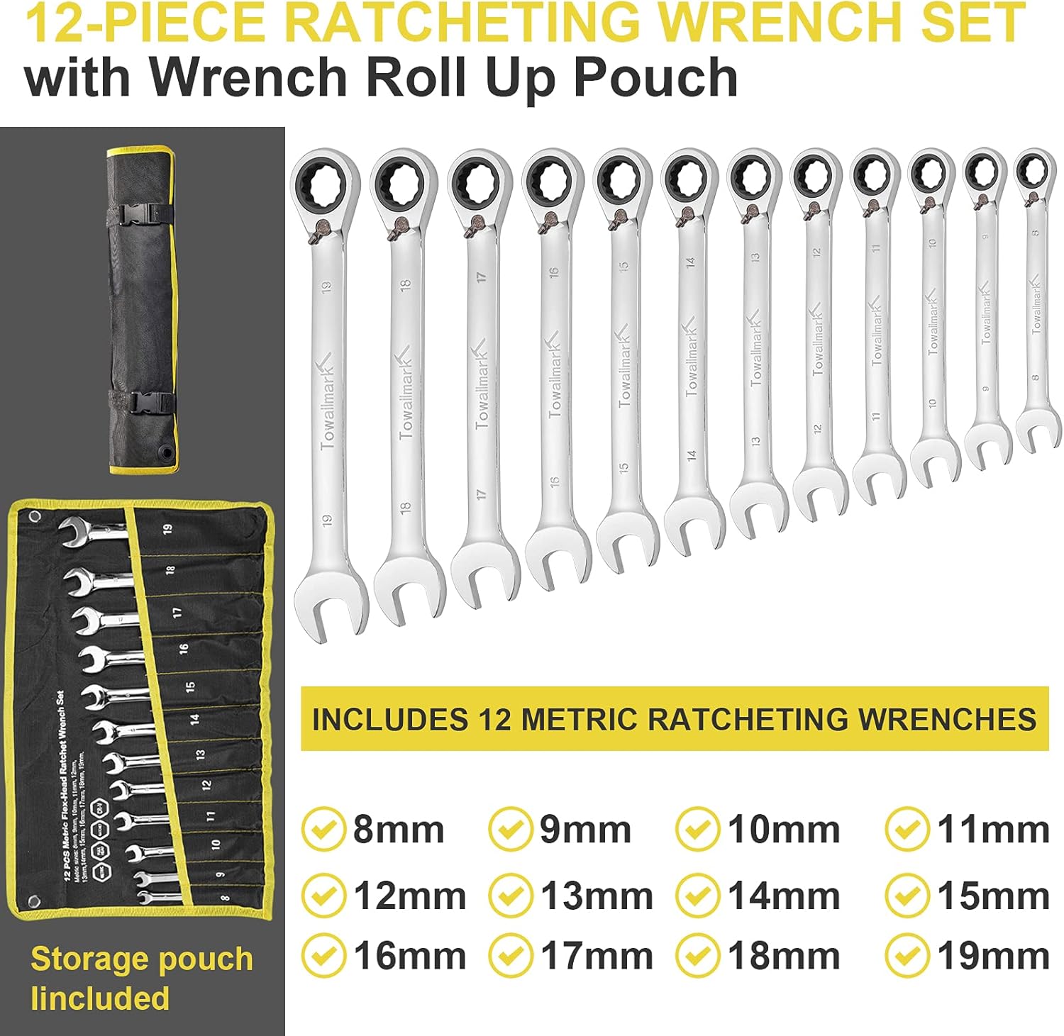 Towallmark 12-Piece Reversible Ratchet Combination Wrench Set, Metric,8mm-19mm Chrome Vanadium Steel Ratchet Wrenches, Ratcheting Combination Wrench Set with Rolling Pouch Pack of 2