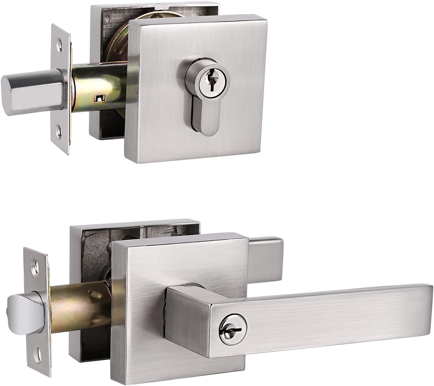6 Pack Heavy Duty Entry Lever Door Handle and Single Cylinder Deadbolt Lock Combination Set, Keyed Alike Entrance Lever Door Handle for Office and Front Door, Satin Nickel Finish
