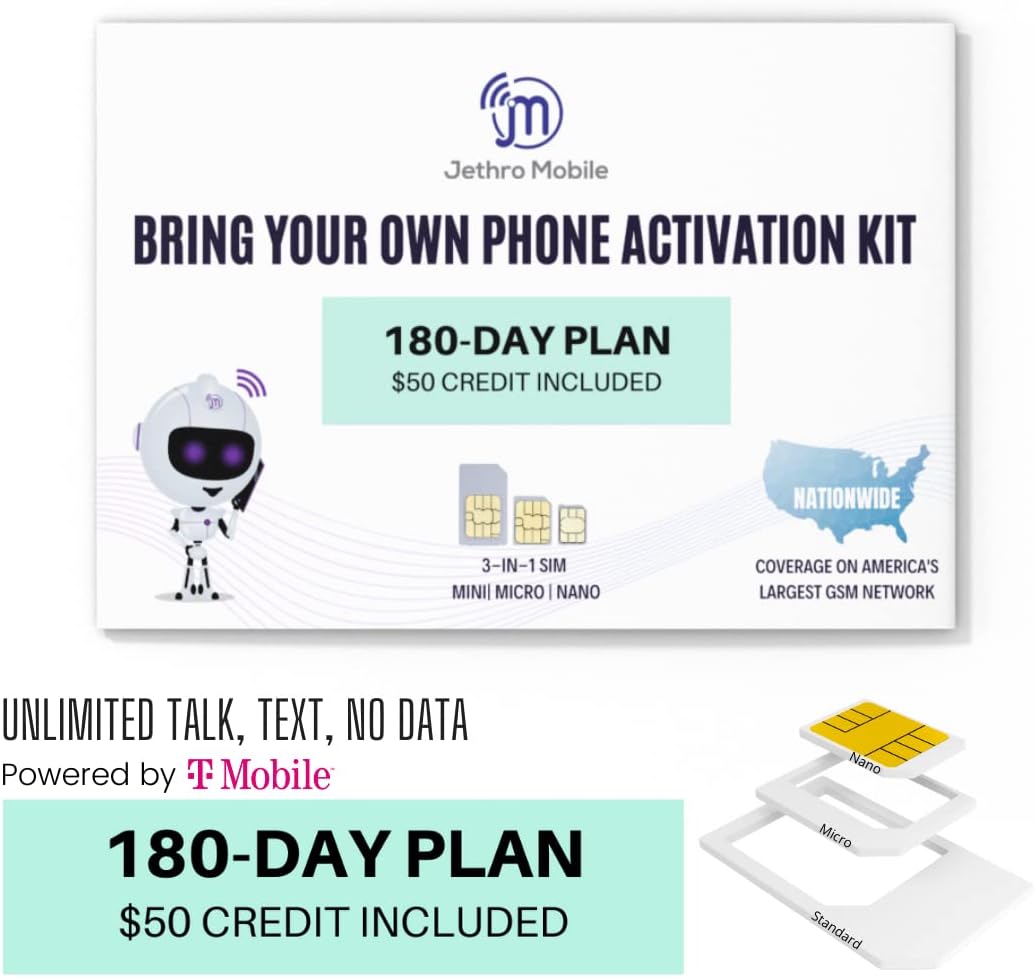 Jethro Mobile $50 Phone Plan for 180 Days - Unlimited Talk and Text and No Data, Perfect for Senior Cell Phones, (SIM Card Kit Included) Pack of 2
