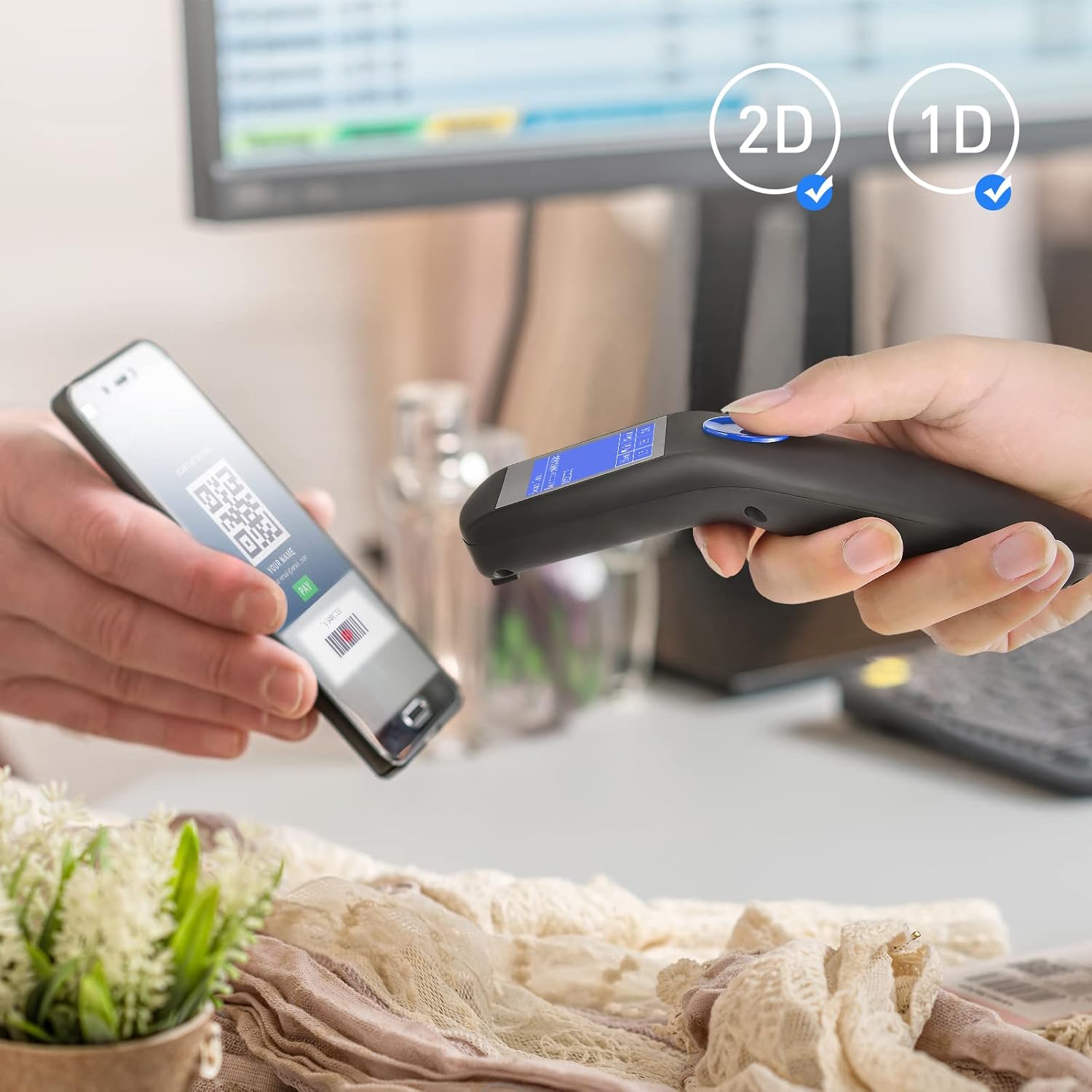 QR Bar Code Scanner,JRHC 2D Portable Barcode Scanner Wireless 2-in-1 2.4G Wireless & USB Wired Handheld Barcode Reader Inventory Management with Display for Supermarket, Store, Warehouse, Library Pack of 2