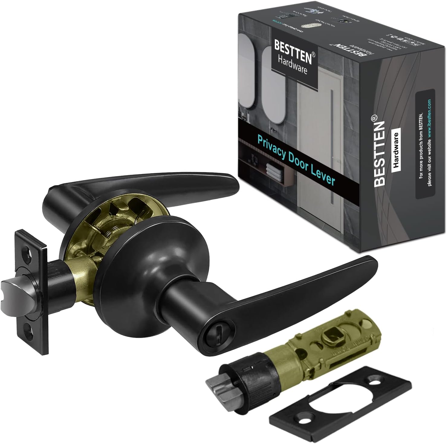 [5 Pack] BESTTEN Matte Black Passage Door Handle, Interior No Locking Door Lever Lock Set for Hallway or Closet, Removable Latch Plate, Roma Series Pack of 2