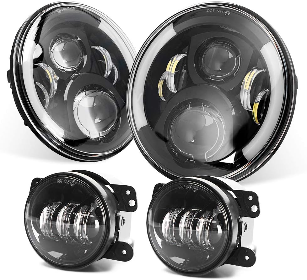 DOT Approved 7'' Black Cree LED Headlights + 4 '' LED Fog Lights Compatible with Jeep Wrangler 97-2017 JK TJ LJ