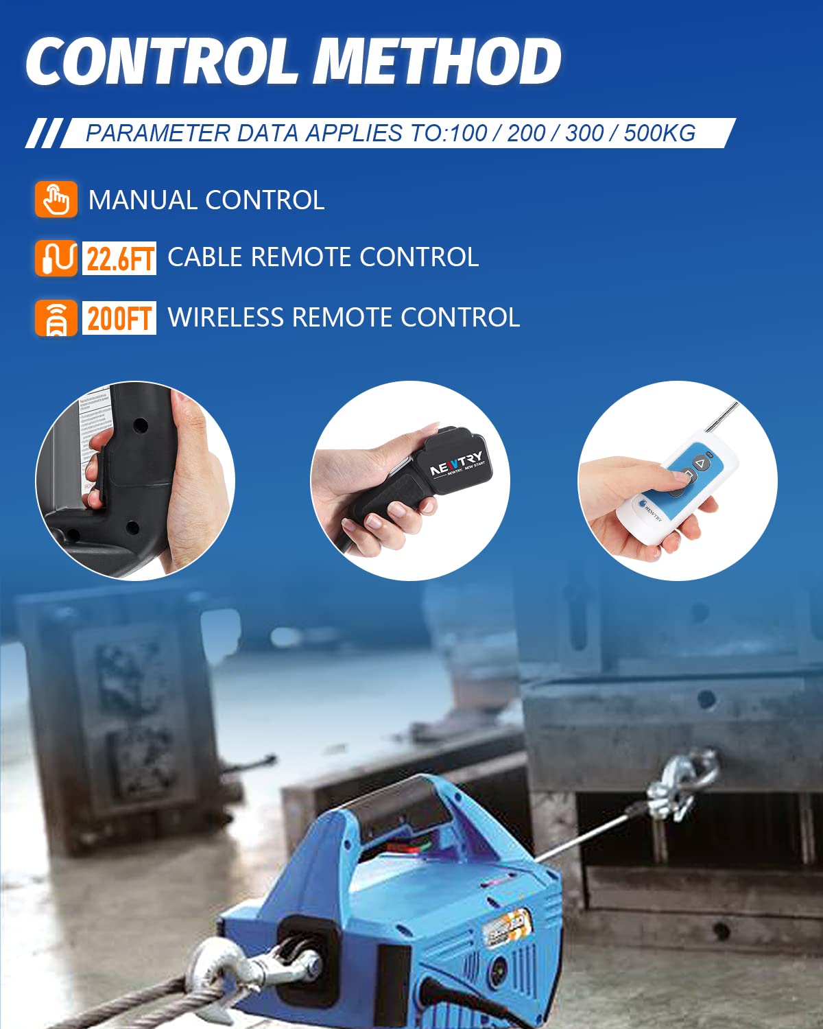 NEWTRY 3 in 1 Electric Hoist Winch 220lb, 16ft/min Manual|Cable|Wireless Remote Control, 82ft Portable Power Electric Lift with Sling Strap for Lifting Small Engines, Bicycles, Groceries