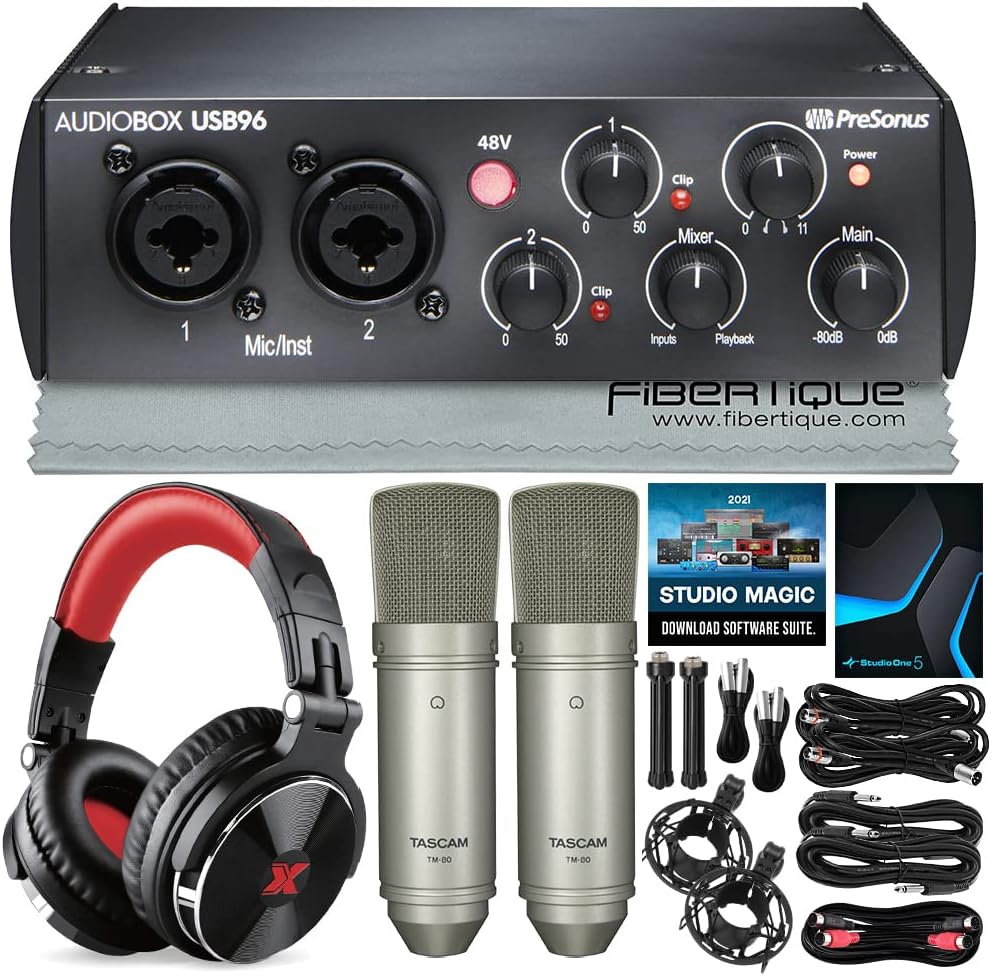 PS PreSonus AudioBox USB 96 2.x USB Audio Interface (25th Anniversary Black) w/Studio One Artist & Studio Magic Recording w/Two Condenser Microphones, Headphones, & More in Accessories Bundle