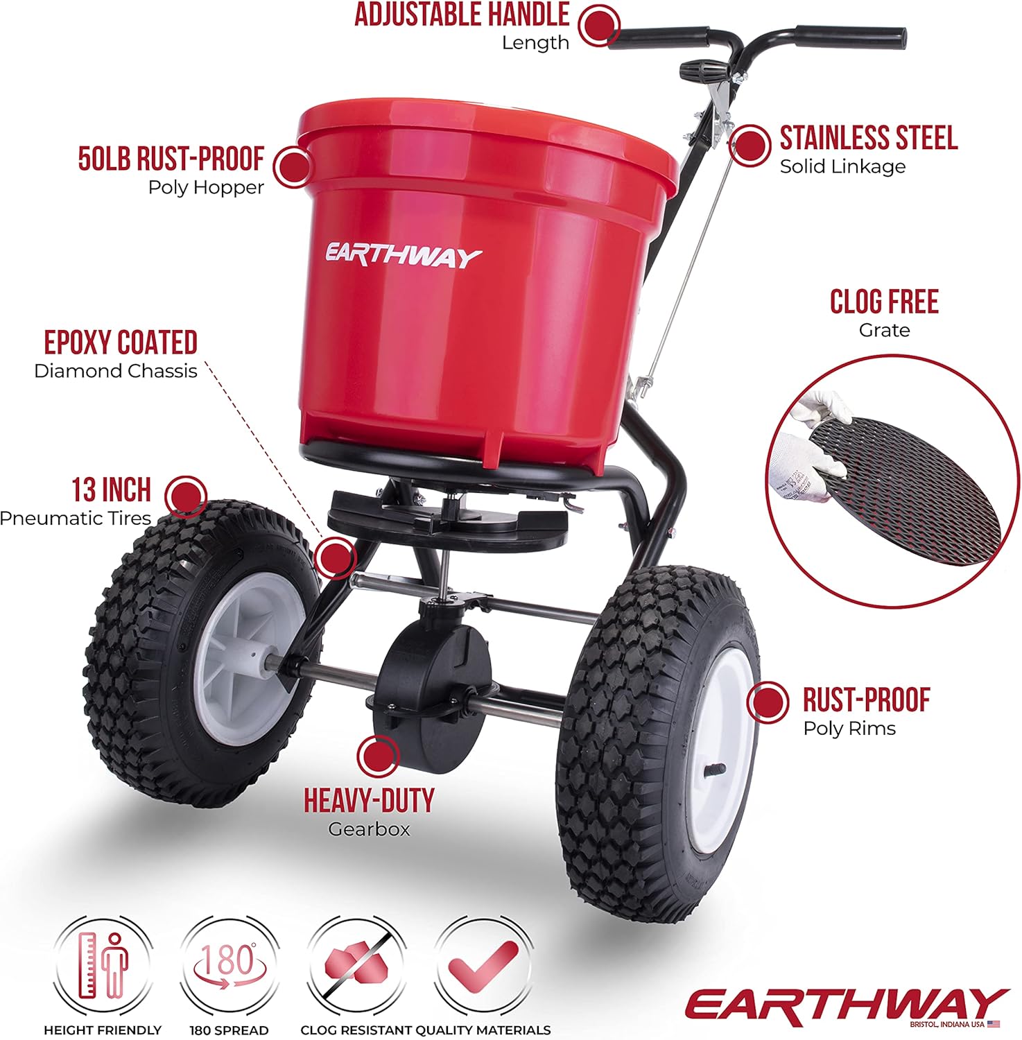Earthway Even Spread 2150 Commercial 50 LB Broadcast Fertilizer Spreader. Red, Heavy-Duty Walk-Behind Push Garden Seeder with Adjustable Drop Rate and Driving Handle. Large 13 inch Pneumatic Stud Tires