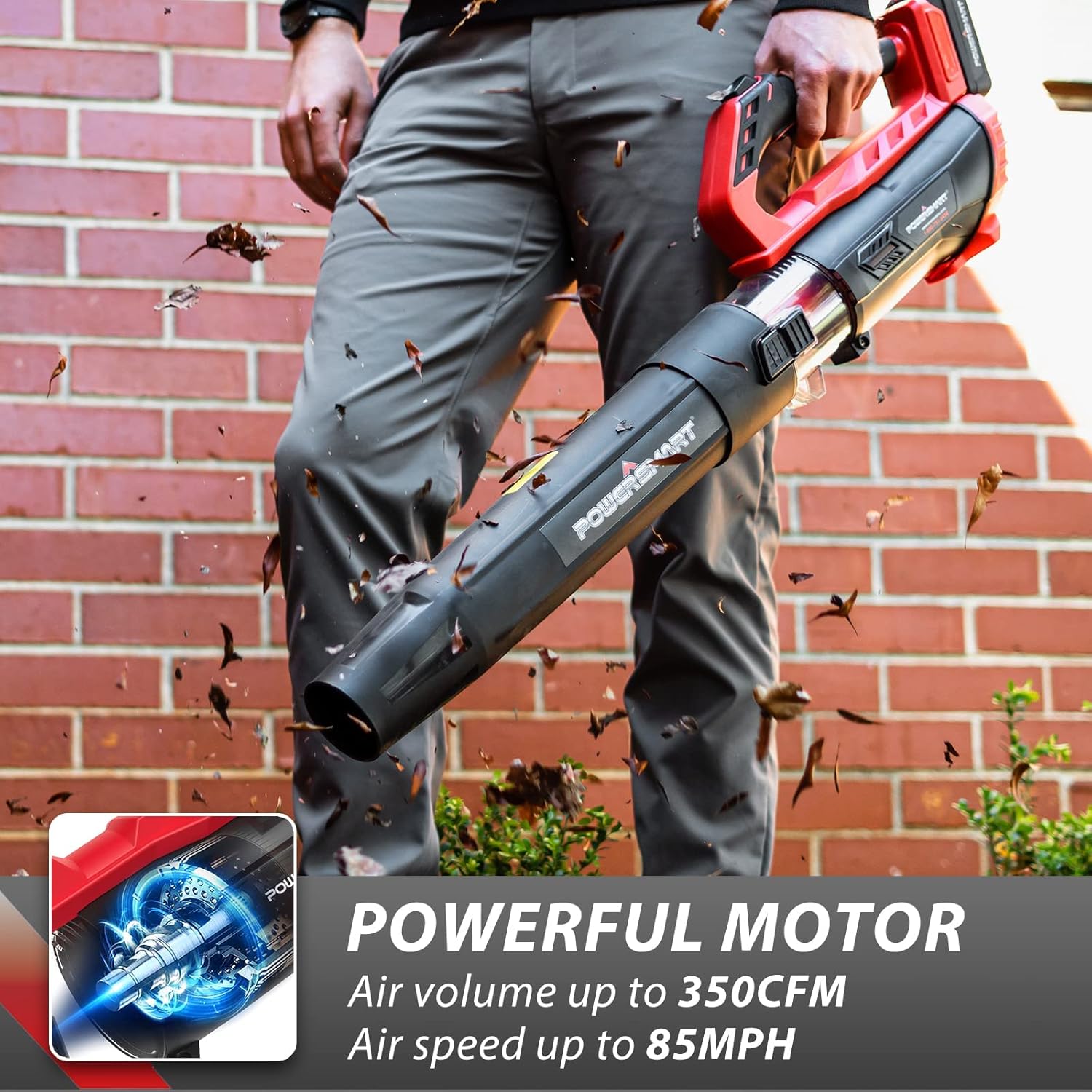 PowerSmart Leaf Blower Cordless with 2 X 2.0 Battery & Charger, 350CFM 85MPH Variable-Speed Control, 20V Electric Blower, Lightweight for Yard Cleaning, Dust, Debris, Snow