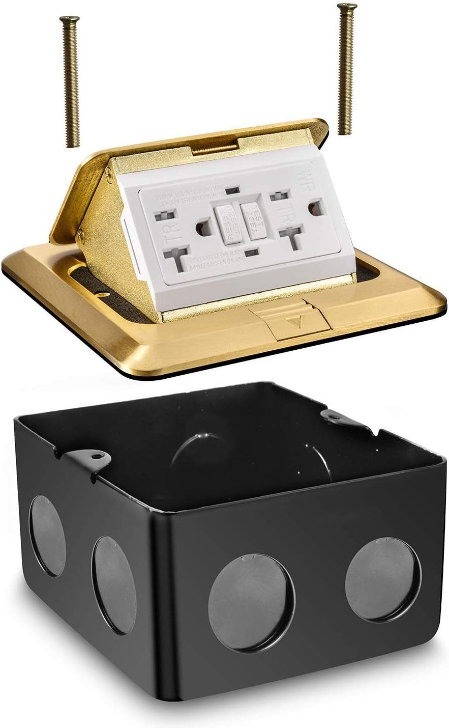 Groto Pop Up Floor Outlet Covers box, slow speed Bouncing Power Box Kit w/20A Duplex Receptacle, GFCI Tamper Aluminum alloy, Watertight Gasket, Corrosive Resistant Hardware, Gold Pack of 2