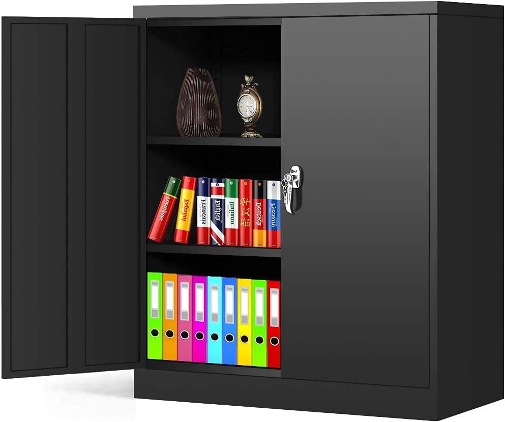 GREENVELLY Locking Metal Cabinet with 2 Doors, Tall Steel Storage Cabinet with 4 Adjustable Shelves,72” Lockable Metal Welded Storage Cabinet Lock for Office, Garage, Kitchen,Laundry Room (Black)