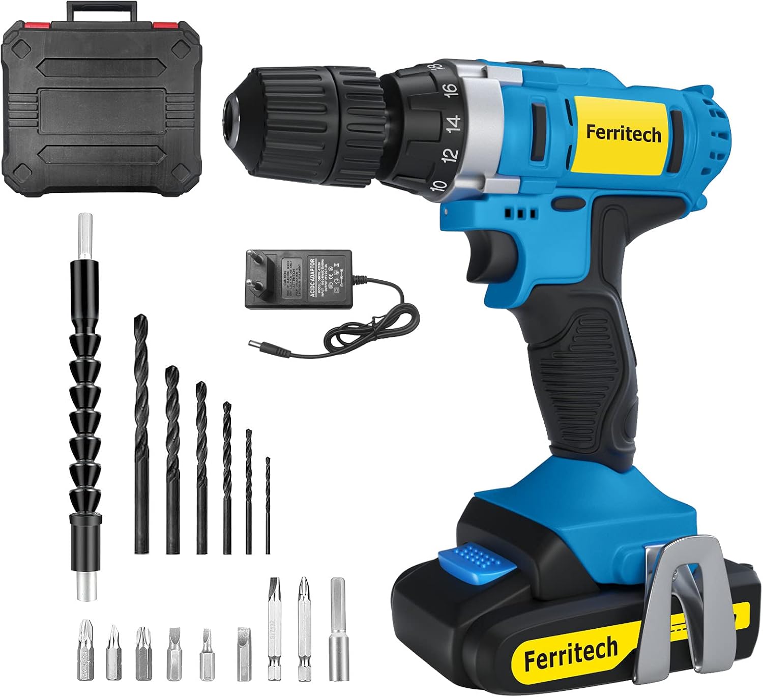 Cordless Drill 20v with 2 Batteries and Charger Power Drill Bit Set 20pcs Variable Speed Electric Drill Auger Drill Bit 3/8