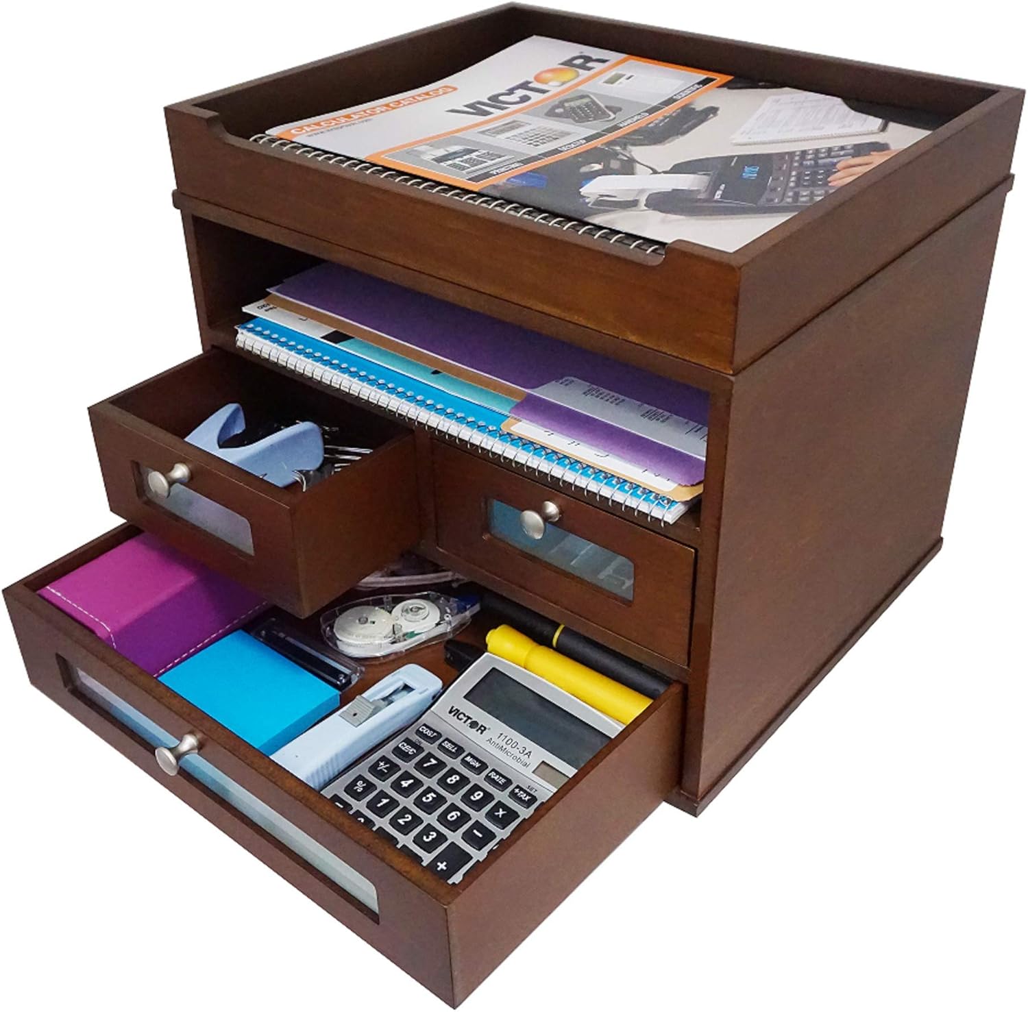 Victor Wood Tidy Tower Desktop Organizer with Three Drawers, Built in Letter Tray, and Open Slot for Storage, Perfect for Home or Office Environment, No Assembly Required, H5500 (Heritage Wood)
