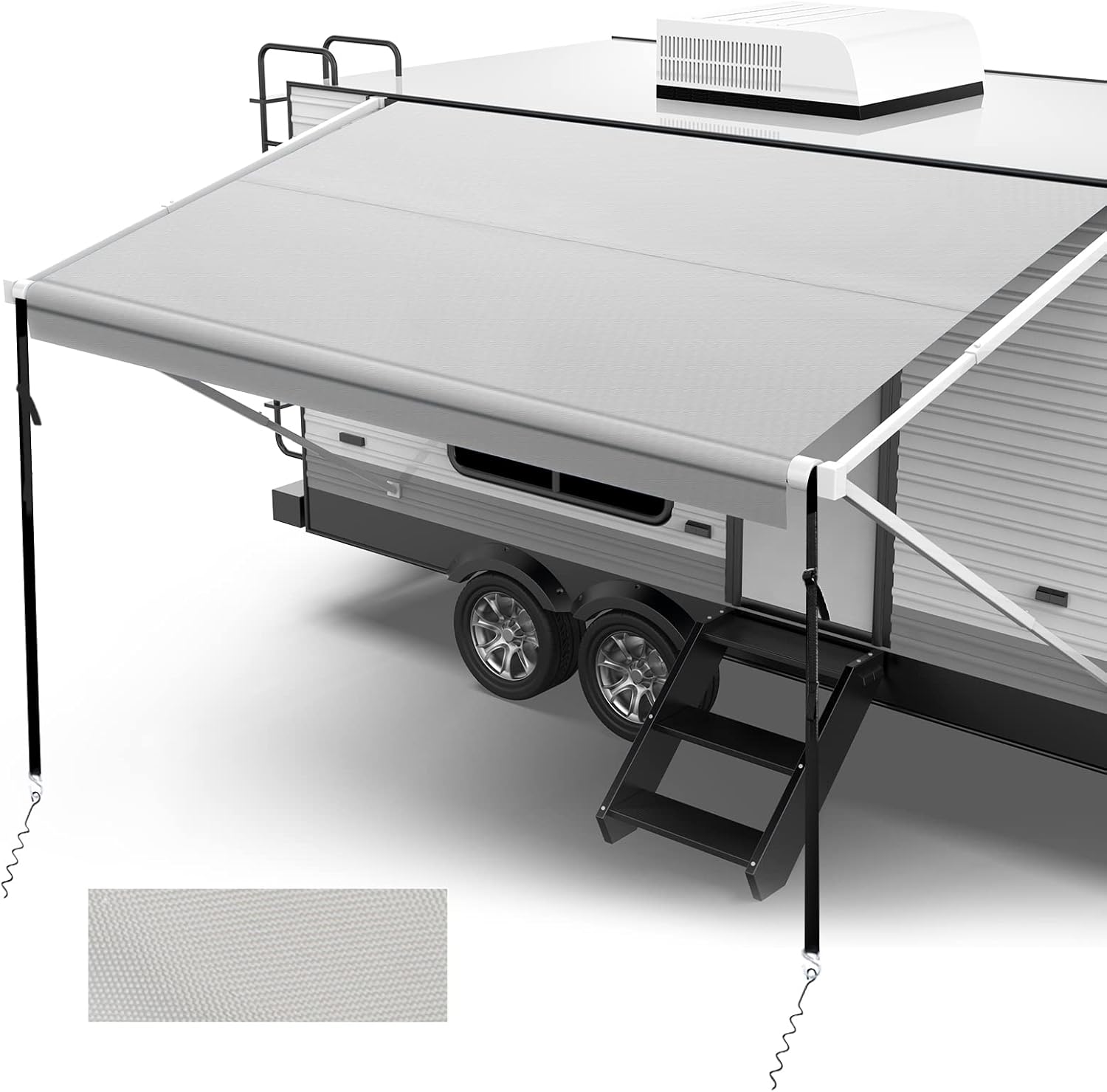 Fonzier 280GSM RV Awning Fabric Replacement Solution Dyed Fabric Camper Awning Replacement Fabric with Awning Anchor Kits & Pull Tension Strap for RV Trailer Motorhome - 17'(Fabric 16'2