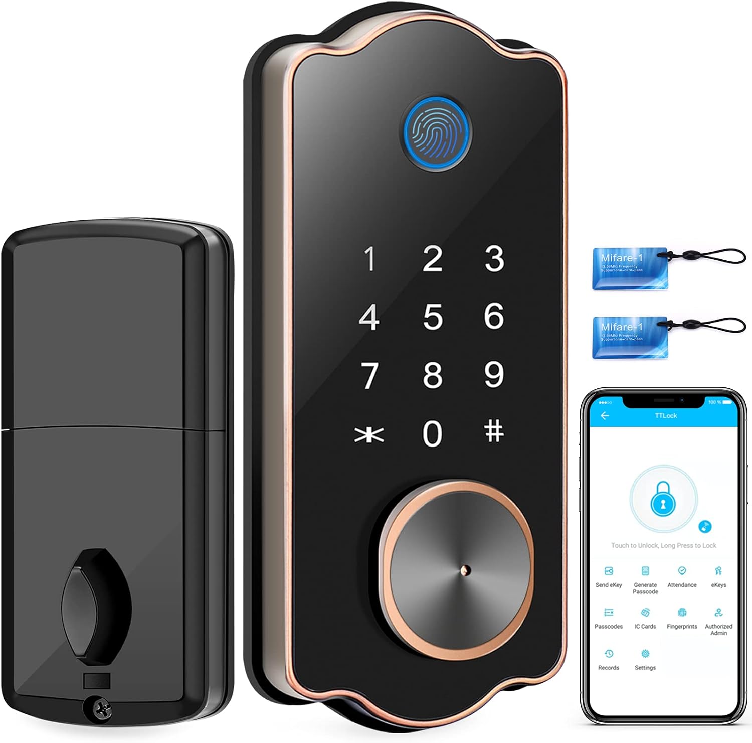 JIGUOOR 5 in 1 Smart Lock, Keyless Entry Door Lock, with Biometric Fingerprint, Electronic Bluetooth, Keys, IC Card, Touchscreen Keypad, Auto Lock, Remote Share, Smart Lever for Home, Office (Bronze)