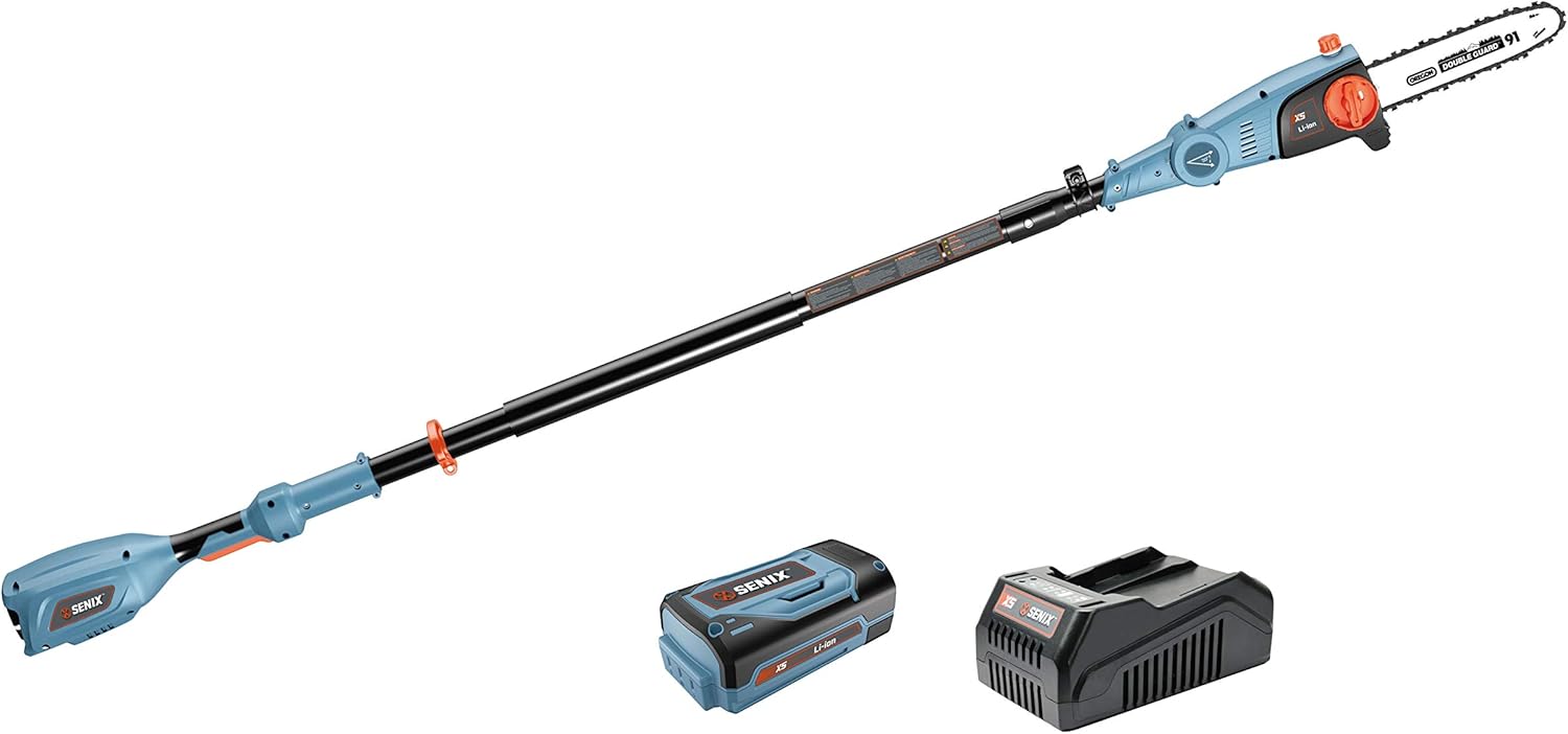 SENIX CSPX5-M 10 Inch 58 Volt Cordless Pole Saw to Reach Branches up to 14 Feet, Battery and Charger Included, Blue
