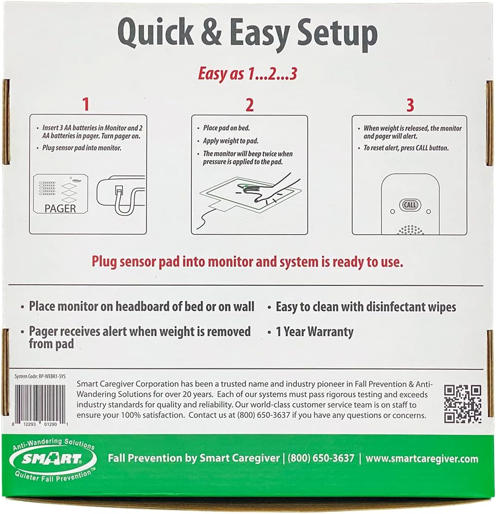 Wireless Economy Quiet Fall Alert with 10in x 30in Bed Pad and Caregiver Pager in Retail Packaging