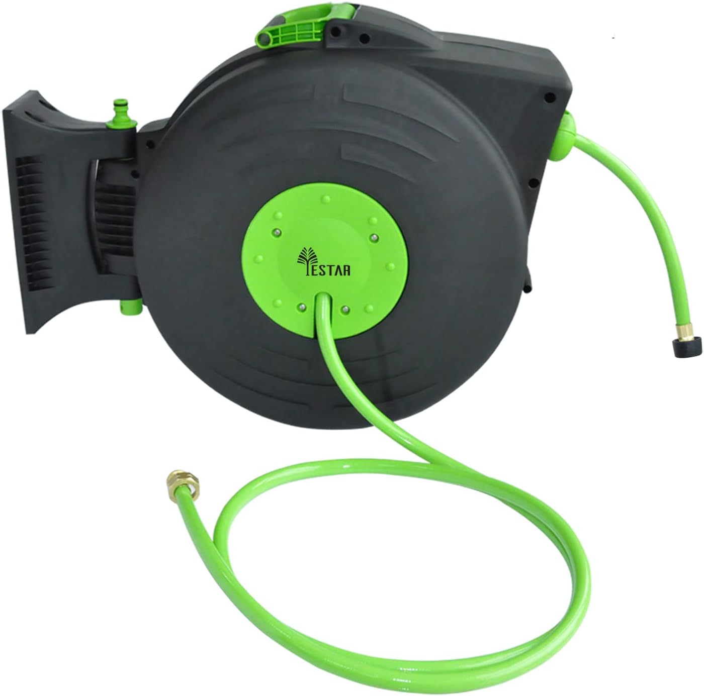 YESTAR Hose Reel Retractable 82ft+6.5ft, Brass Fittings, Super Heavy Duty, Auto Rewind,180°Swivel Bracket and Any Length Lock - Wall Mounted Water Hose Reel