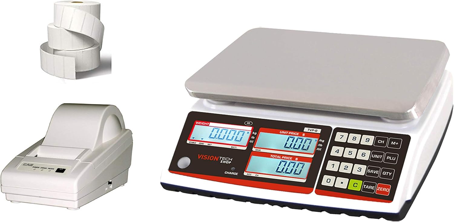 VisionTechShop TVP-12B Price Computing Scale, Lb/Oz/Kg Switchable, 12lb Capacity, 0.002lb Readability, NTEP Legal for Trade COC #19-038, DLP-50 Thermal Label Printer, 1 Case of Labels LST8060