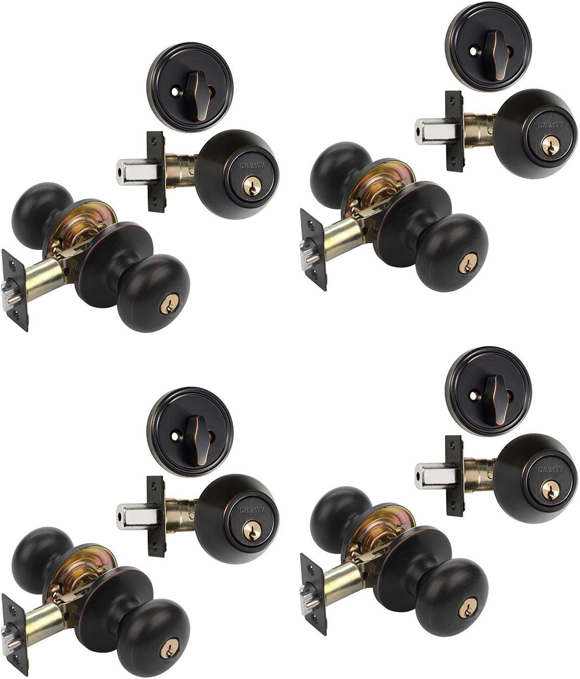 Dynasty Hardware CP-TAH-12P, Tahoe Entry Door Knob Lockset and Single Cylinder Deadbolt Combination Set, Aged Oil Rubbed Bronze (4 Pack) Keyed Alike