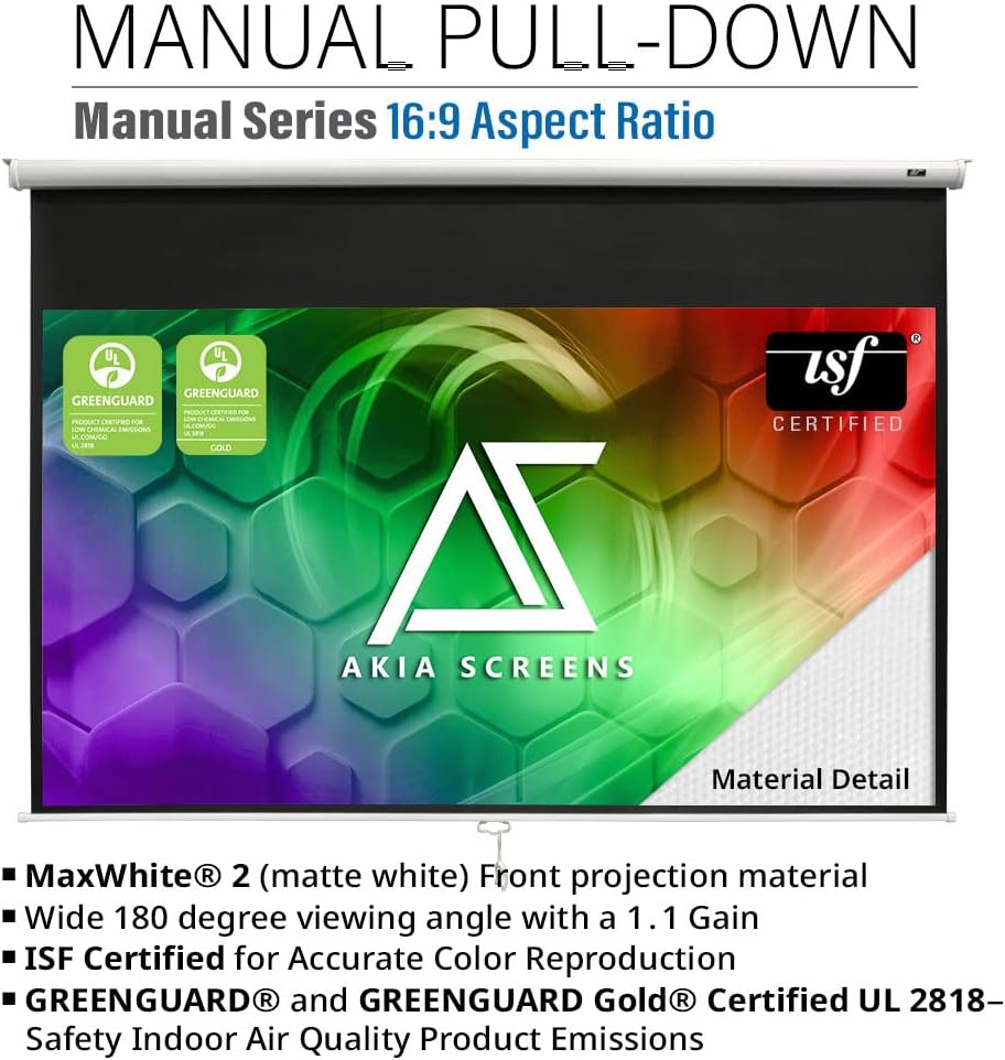 Akia Screens 110 inch Pull Down Projector Screen Manual B 16:9 8K 4K HD 3D Ceiling Wall Mount White Portable Projection Screen Retractable Auto Locking for Indoor Movie Home Theater Office AK-M110H1