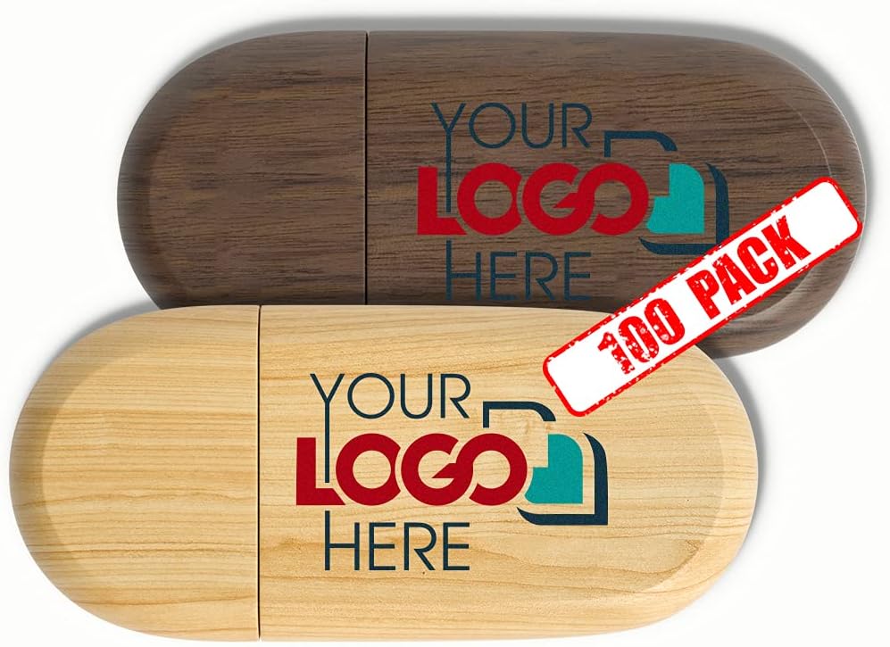 Possibox Custom Wood USB Flash Drive 8GB Printed or Engraved with Your Logo - as Promotional Gift Bulk USB 2.0 - 100 Pack