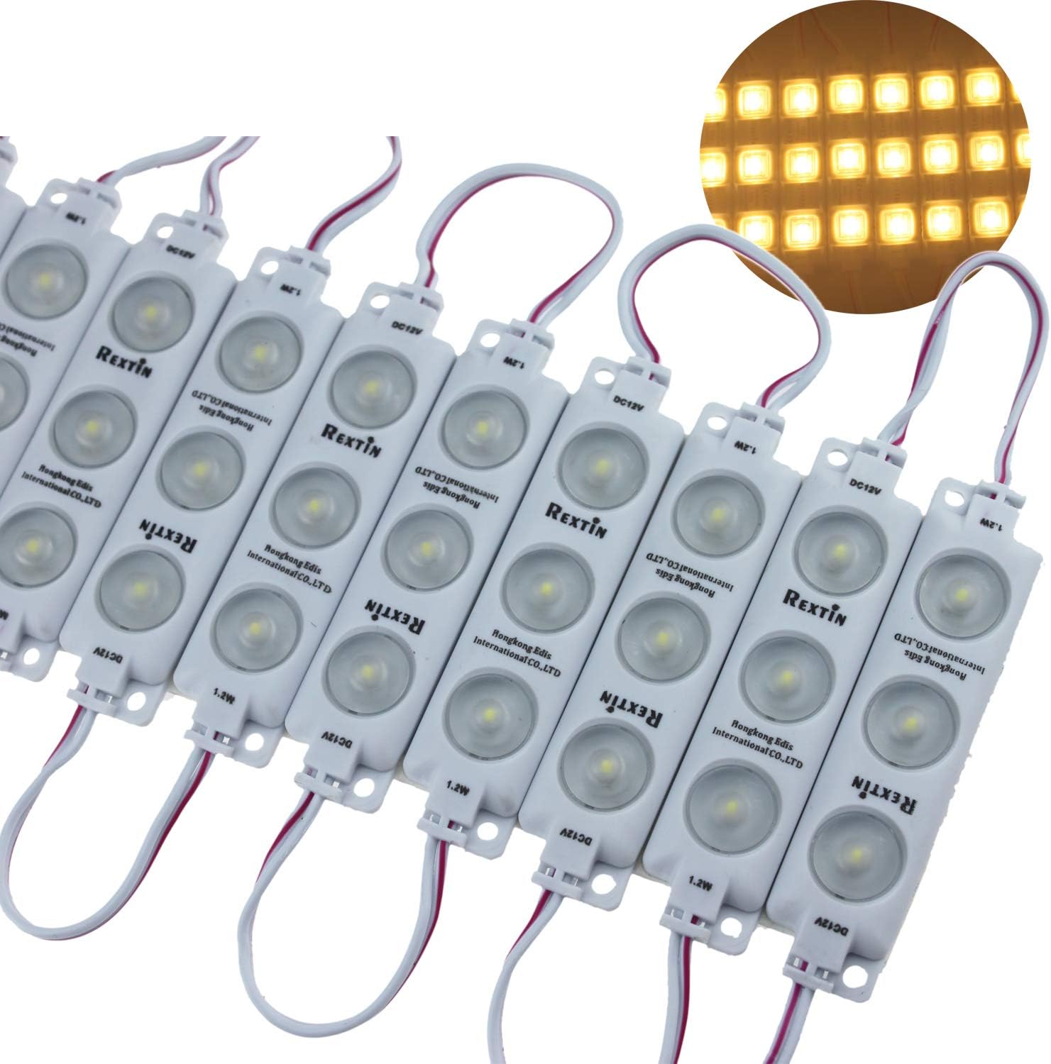 Rextin 200PCS Super Bright 3LED 2835 LED Module White IP68 Waterproof Decorative Light for Letter Sign Advertising Signs Back with Tape +Wire Crimp Cap (White) Pack of 2