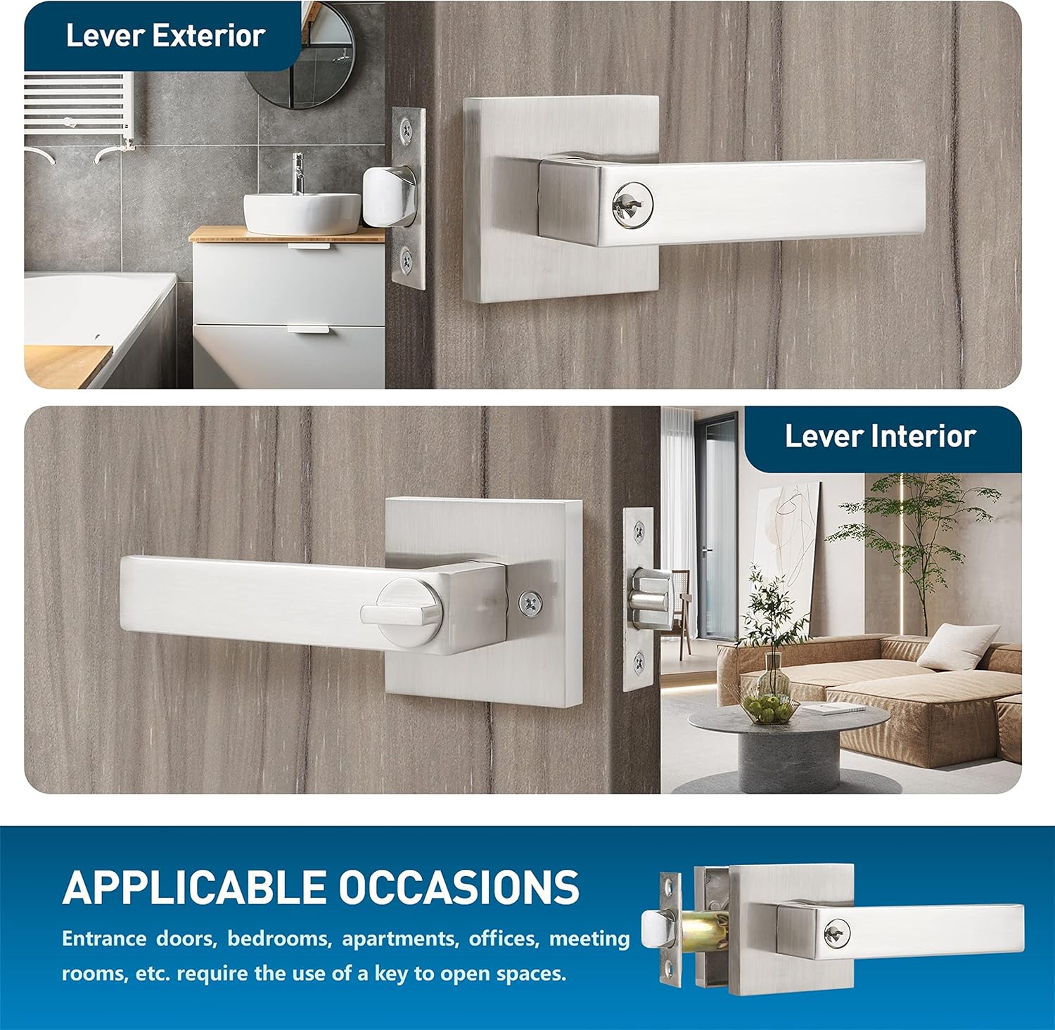 5 Pack Keyed Entry Lever Lock for Exterior Door and Front Door Heavy Duty Lever Door Lock Handle Satin Nickel Finish