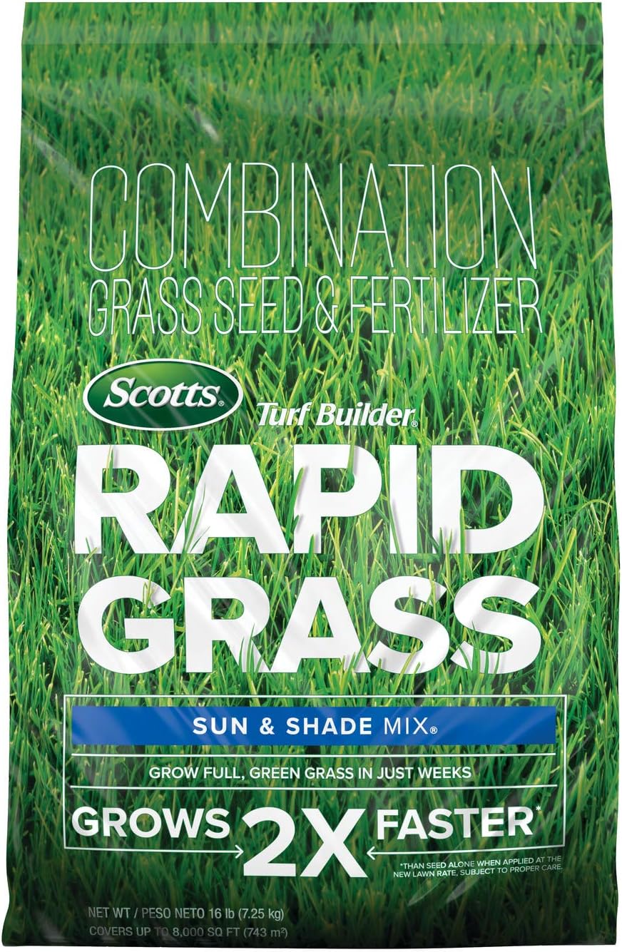 Scotts Turf Builder Rapid Grass Sun & Shade Mix: up to 8,000 sq. ft., Combination Seed & Fertilizer, Grows in Just Weeks, 16 lbs