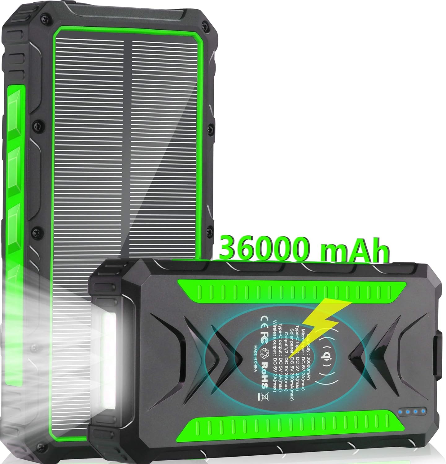 Solar Charger Power Bank 30000mAh, Upgraded 20W High-Speed QC3.0 Type C Micro USB Portable Solar Phone Charger, 10W Qi Wireless Fast Charging, IP67 Waterproof Cell Phone Tablet External Battery Pack Pack of 2