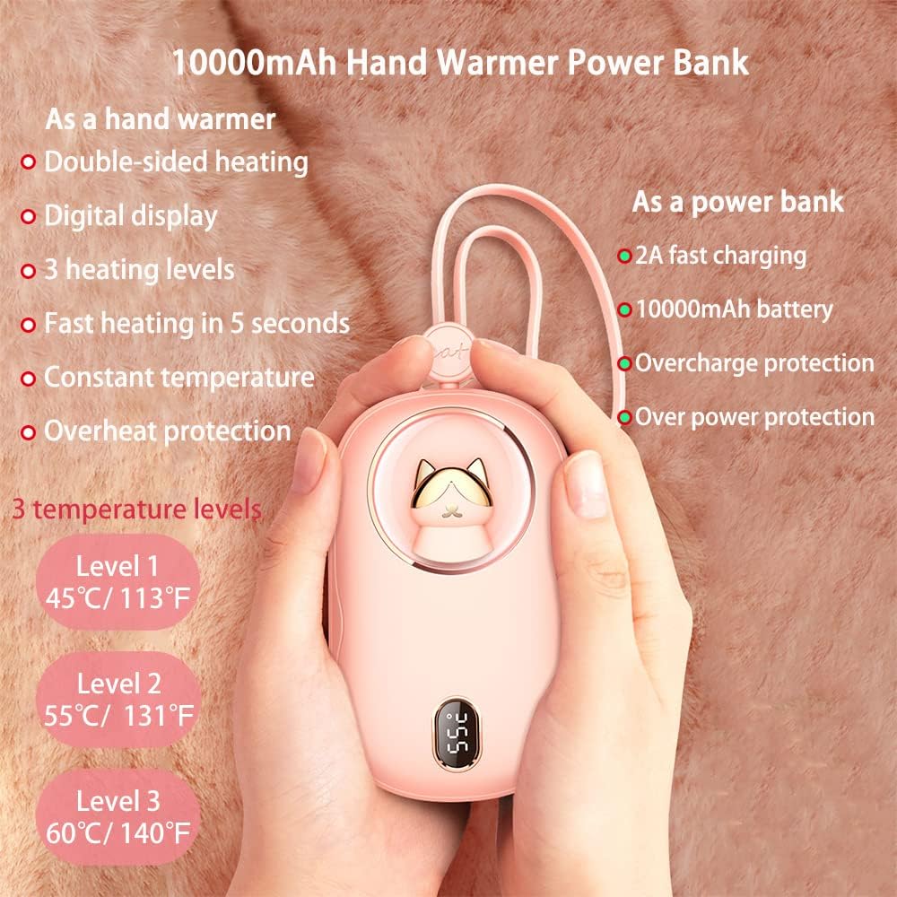 10000mAh Portable Power Bank Hand Warmer Rechargeable Hand Warming Power Bank 3 Heat Levels Double-Sided Heating with Digital Display Heater Quick Charge Mobile Power Colored Lights 3 in 1 (Pink)