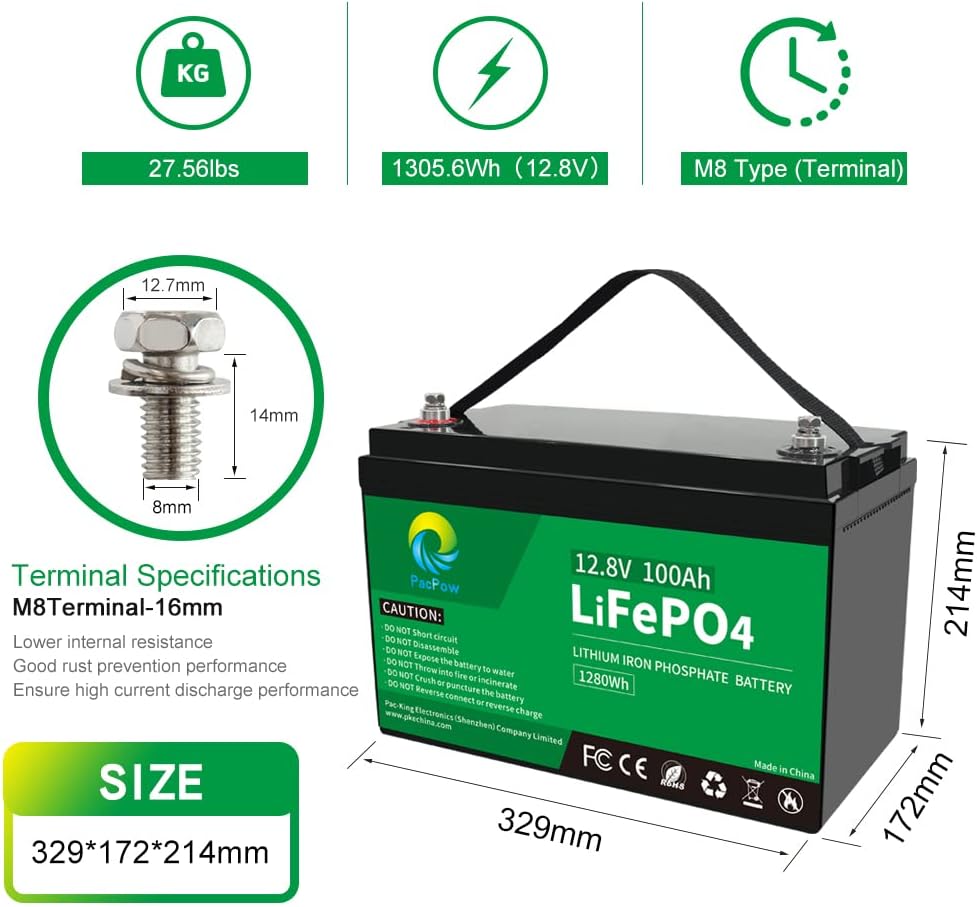 PacPow 12V 100Ah LiFePO4 Battery Deep Cycle Rechargeable Lithium Battery for RV, Marine, Camping, Solar Home, Backup Power, Off-Grid Applications
