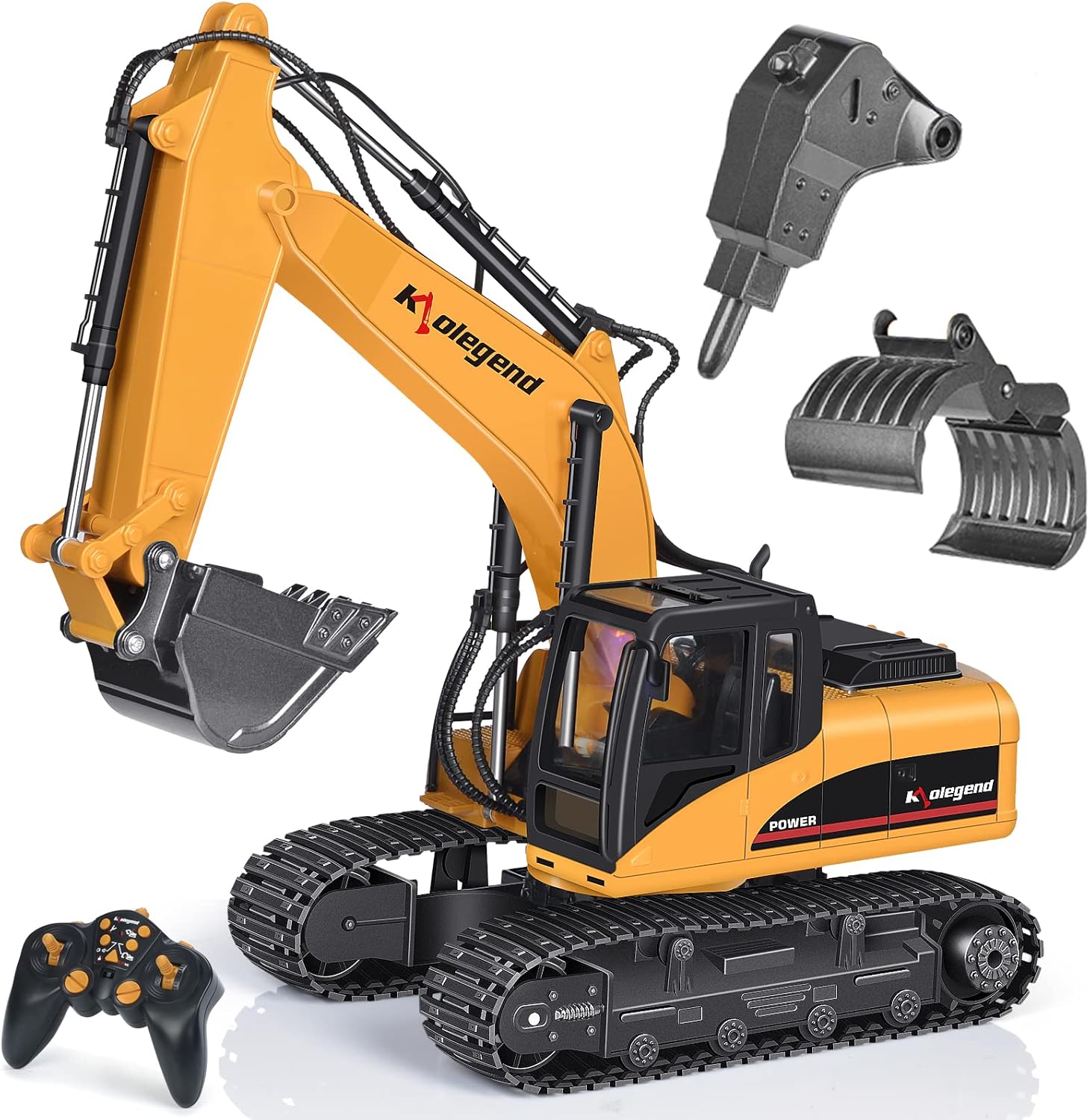 kolegend 3 in 1 Remote Control Excavator with Grab Drill Metal Shovel, 15 Channel Full Functional Construction Tractor, 1/14 Excavator Toy Truck RC Vehicles Pack of 2