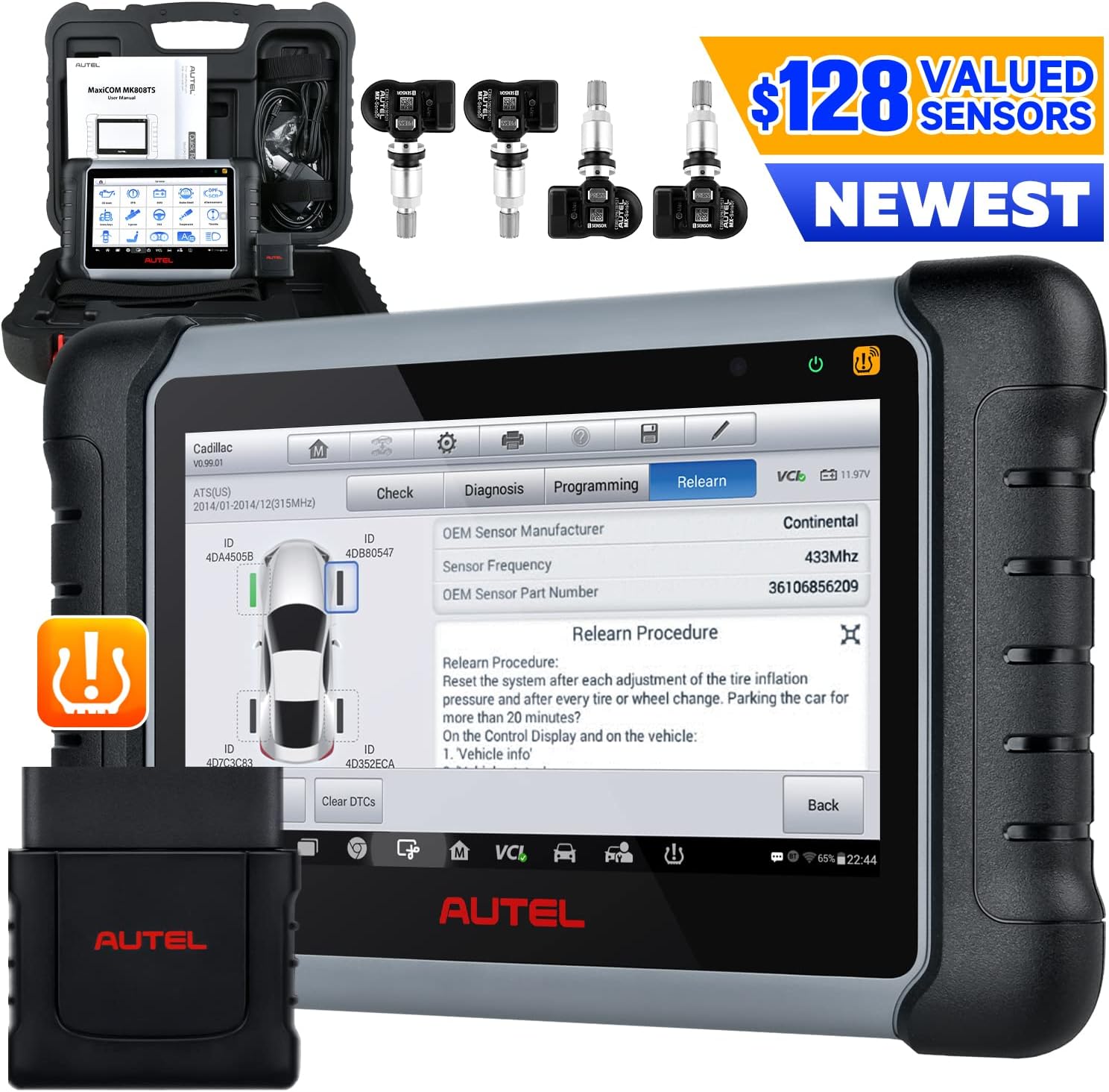Autel MaxiCOM MK808TS Pro Scanner, [$128 Valued] 4PCS of 2in1 315/ 433Mhz Sensors, 2022 Newer Model of MK808TS MX808TS MK808BT MK808 Diagnostic Scan Tool, TPMS Program/ Retrofit/ Relearn, 28+ Services