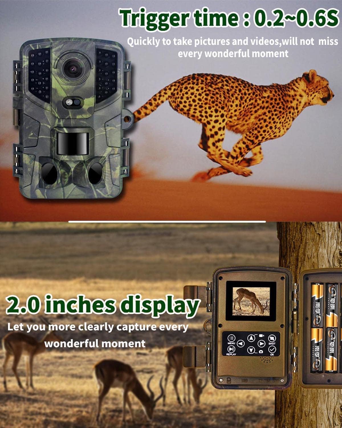 Trail Camera 20MP, Trail Cameras with Night Vision Motion Activated Waterproof, Game Camera with 3 Infrared Sensors 120° Wide-Angle, 0.2s Trigger Time Trail Cam with 2.0