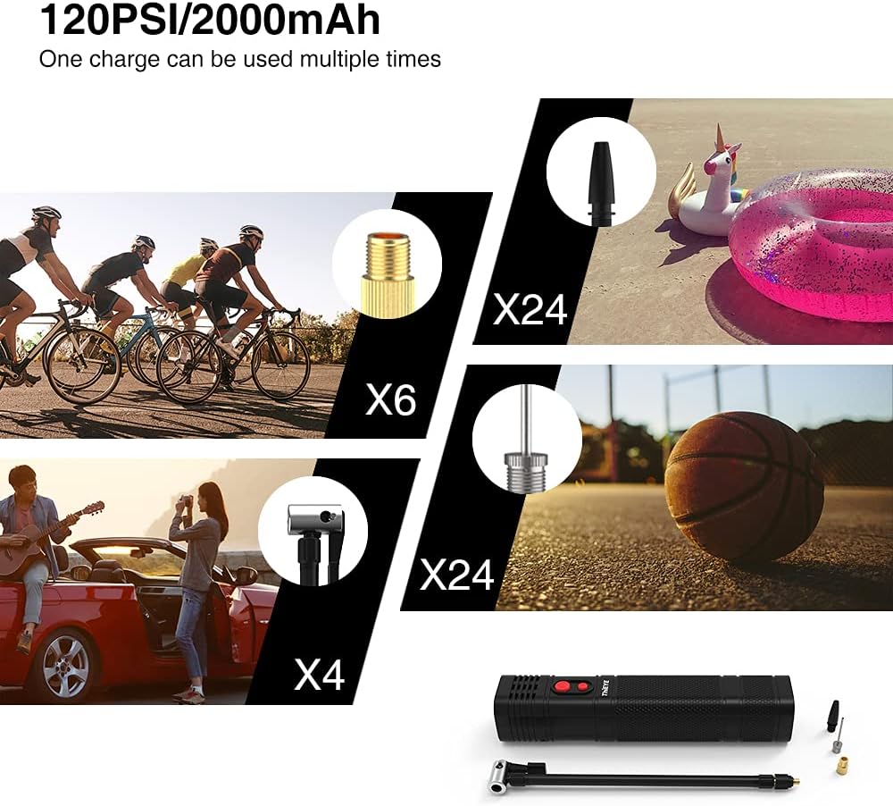 ThiEYE Tire Inflator Portable Air Compressor for Car, 12V DC and 2000 * 3 mAh Bike Tire Pump with Digital Pressure Gauge, 120 PSI, LED Light, Cordless Air Pump for Car Tires, Bicycles (Airkit 1) Pack of 2