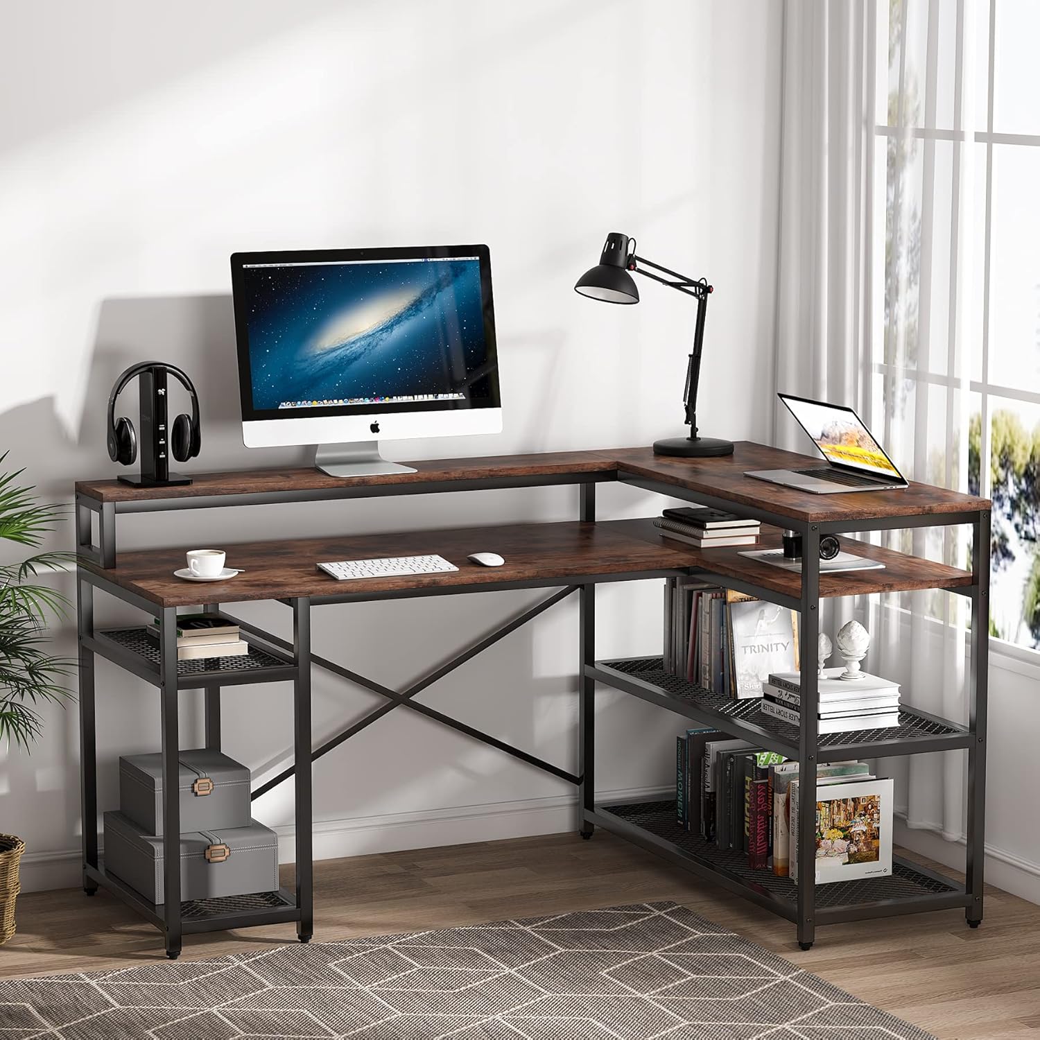 Tribesigns L Shaped Desk, Computer Desk with Monitor Stand, Industrial Home Office Study Writing Table with Storage Shelf