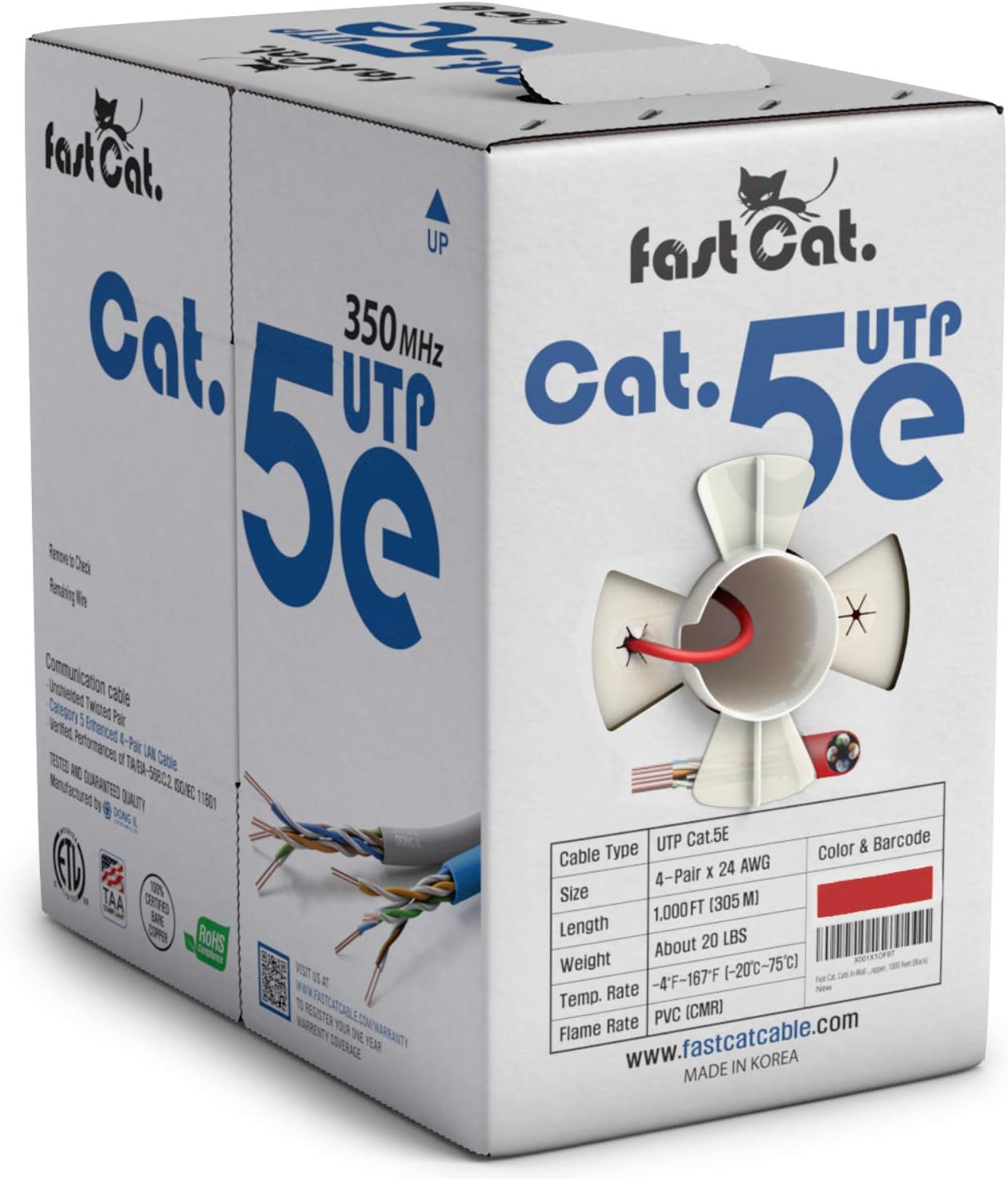 fast Cat. Cat5e Ethernet Cable 1000ft - 24 AWG, CMR, Insulated Bare Copper Wire Internet Cable with FastReel - 350MHZ / Gigabit Speed UTP LAN Cable - CMR (Pink)