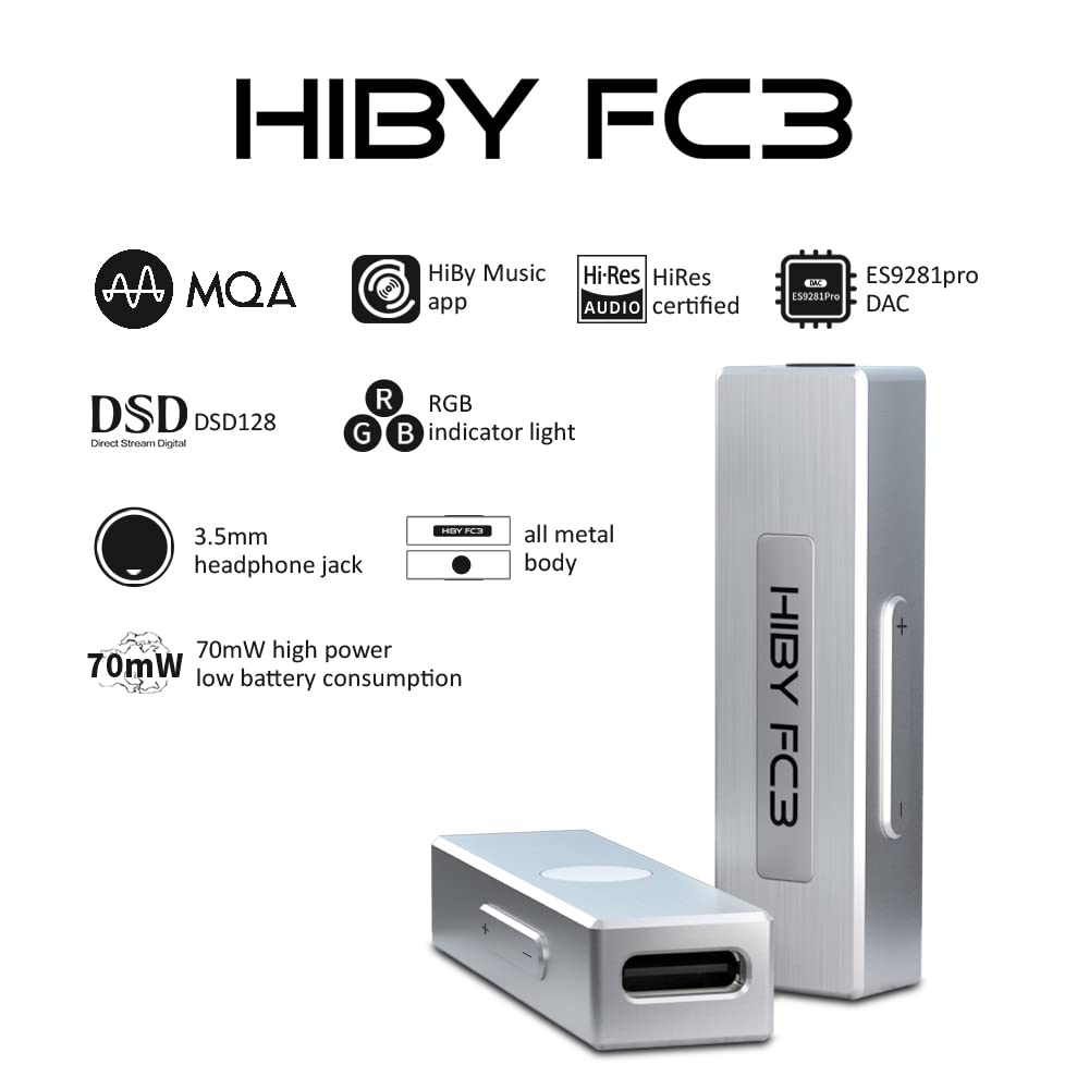 HiBy FC3 USB DAC HiFi Audio Headphone Amplifier, MQA authenticated dongle, ES9281pro DAC, DSD128, 3.5mm Output for Smart Phone/Computer/Tablet Pack of 2